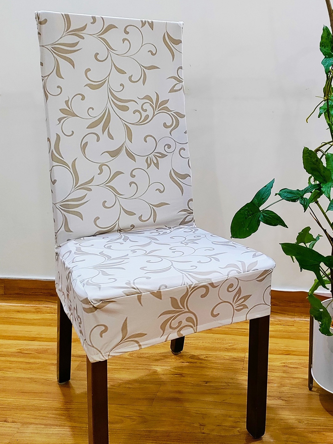 

STITCHNEST Set Of 4 White & Beige Printed Chair Covers