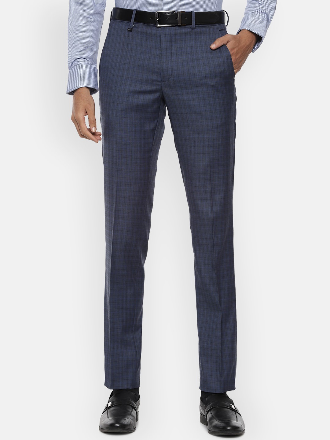 

Van Heusen Men Navy Blue Checked Slim Fit Trousers