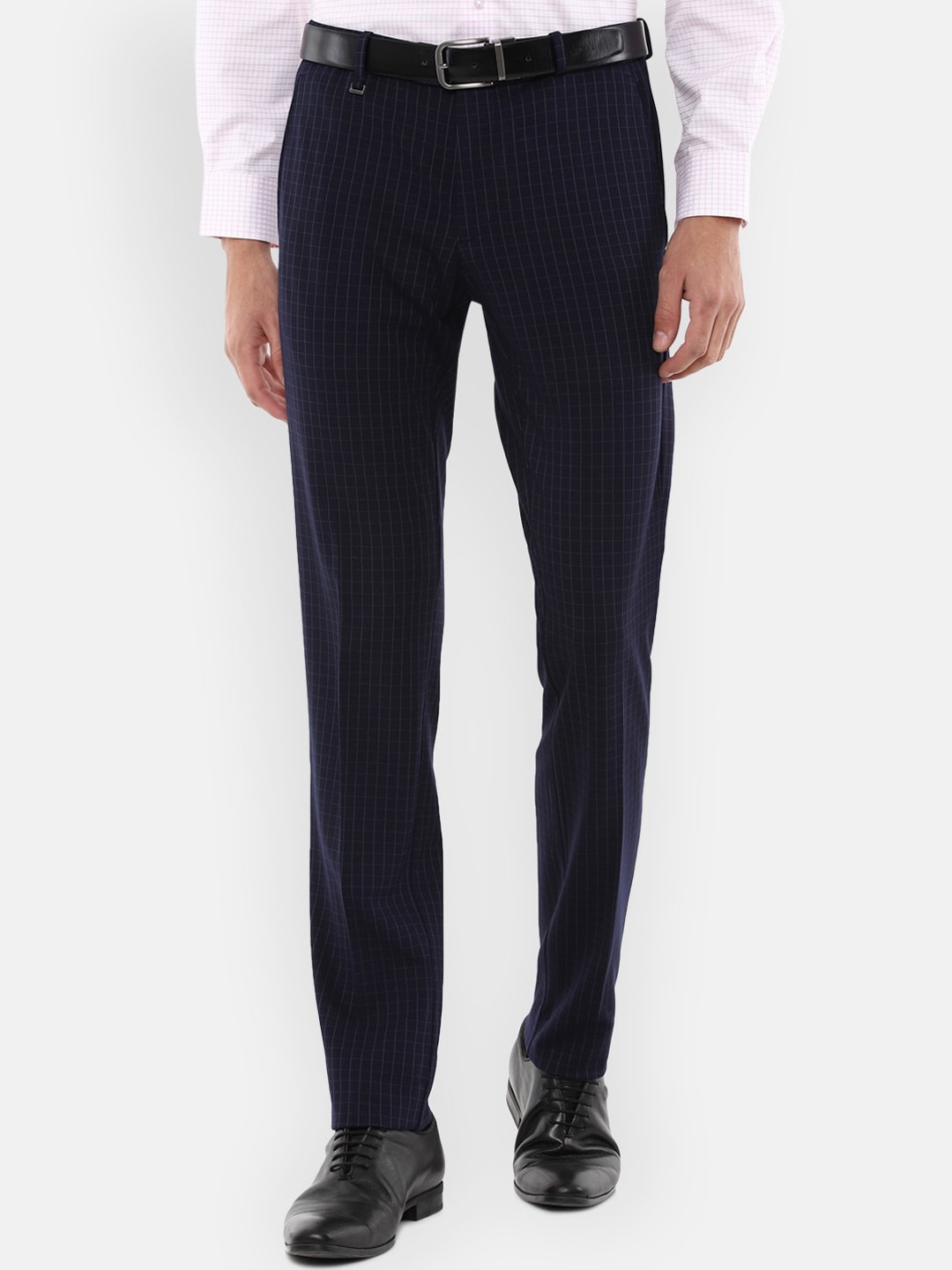 

Van Heusen Men Navy Blue Checked Slim Fit Trousers