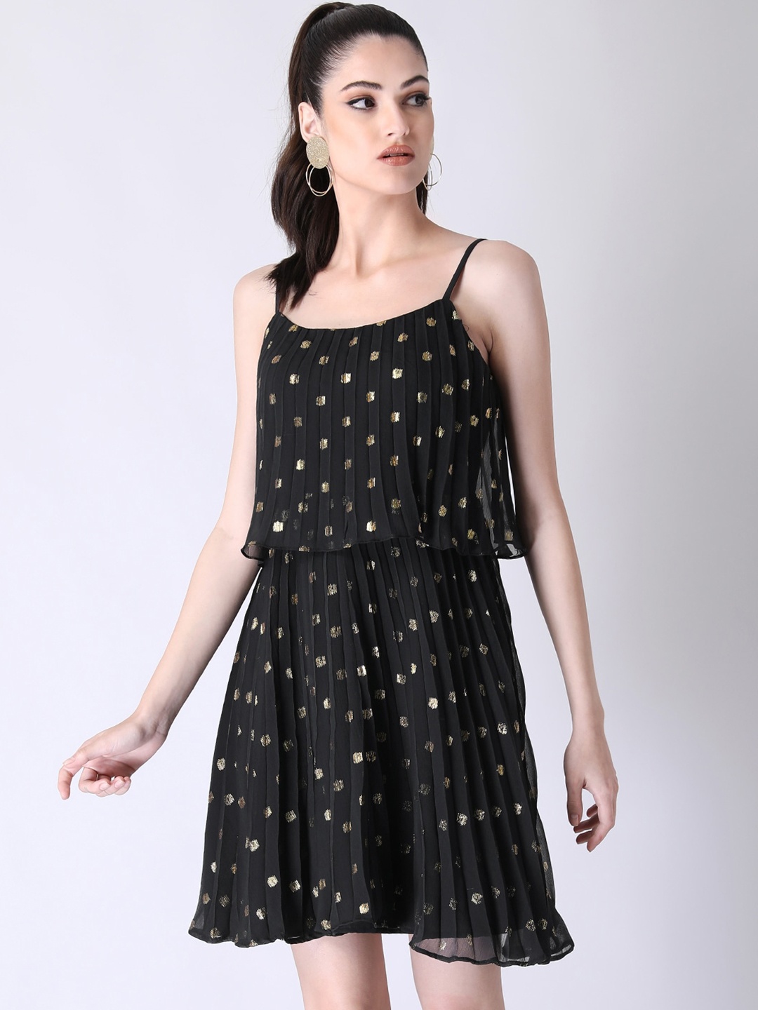 

FabAlley Black Polka Dot Printed Accordion Pleats Detailed Georgette A-Line Dress