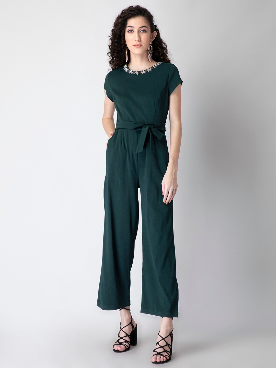 

FabAlley Women Dark Green Embellished Basic Belt Jumpsuit