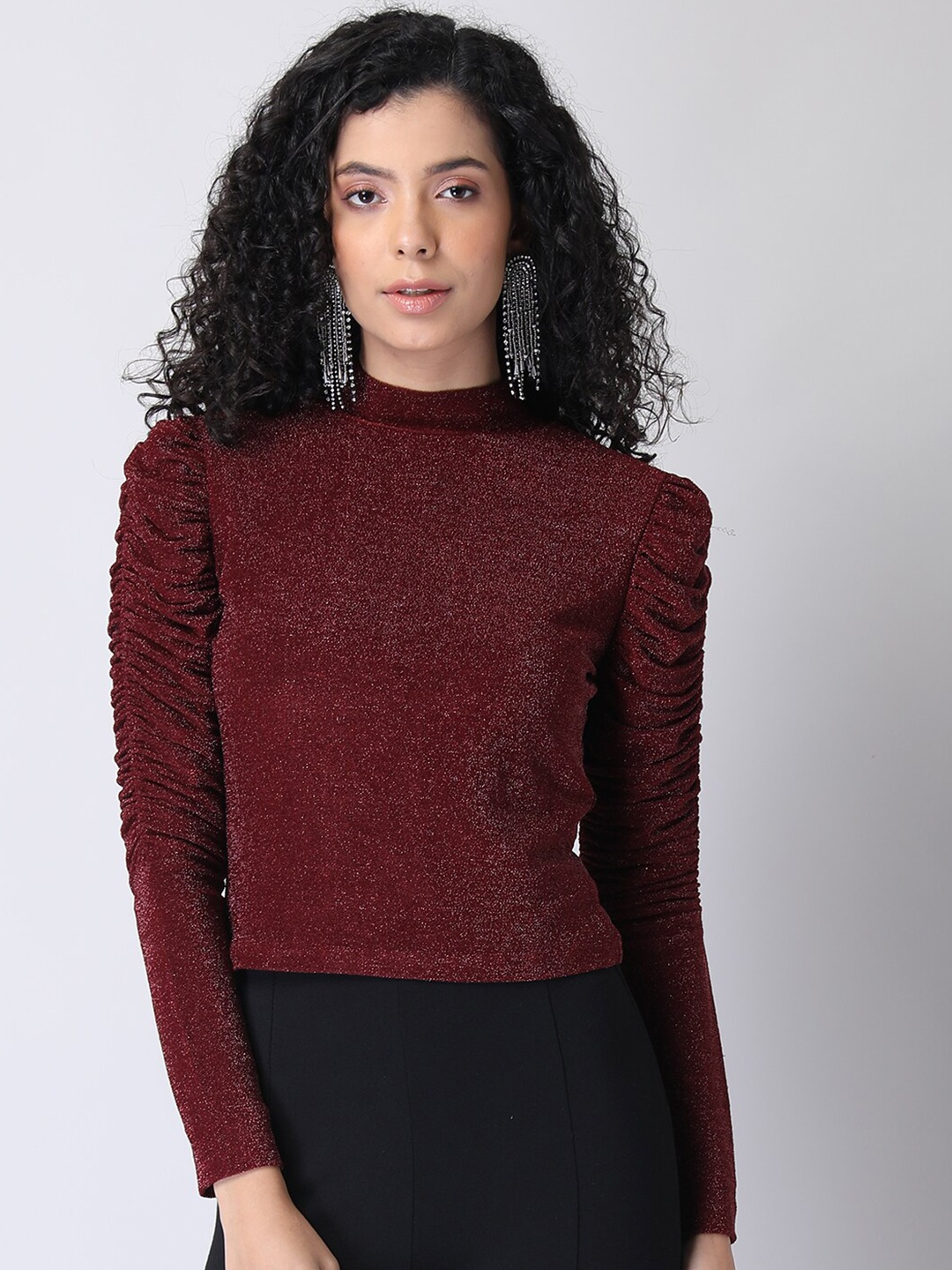 

FabAlley Maroon Self Design High Neck Ruched Sleeves Top