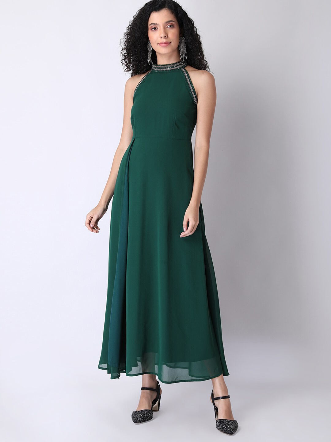 

FabAlley Women Green Halter Neck Embellished Georgette Maxi Dress