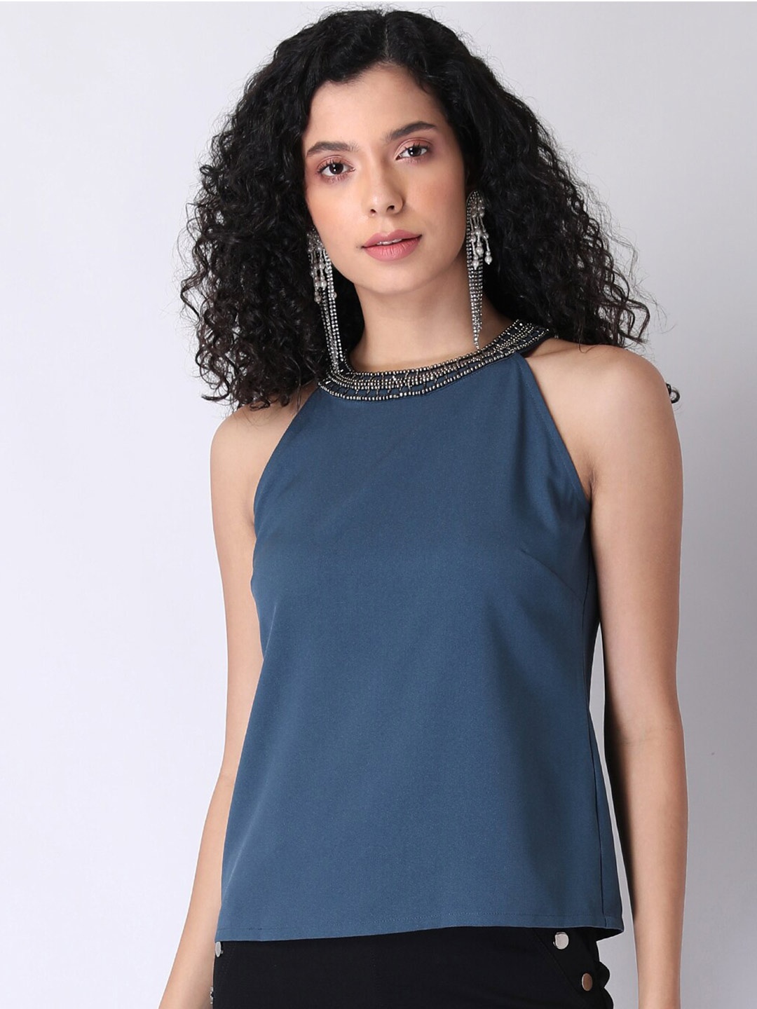 

FabAlley Blue Jewel Halter Neck Crepe Top