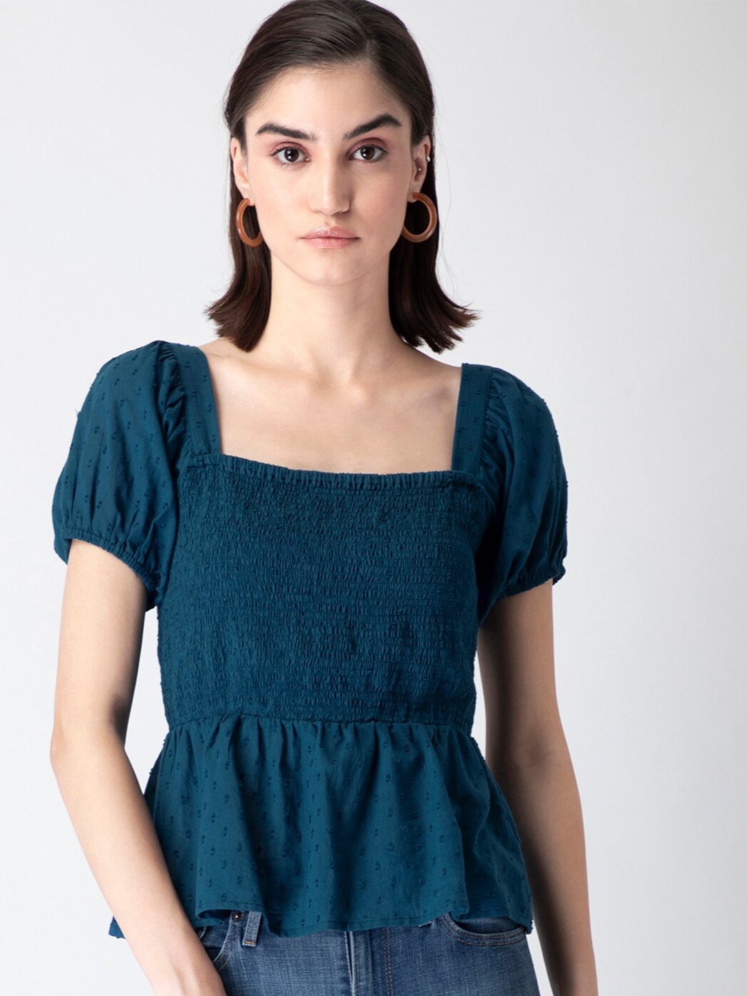 

FabAlley Women Teal Cotton Smocked Peplum Top