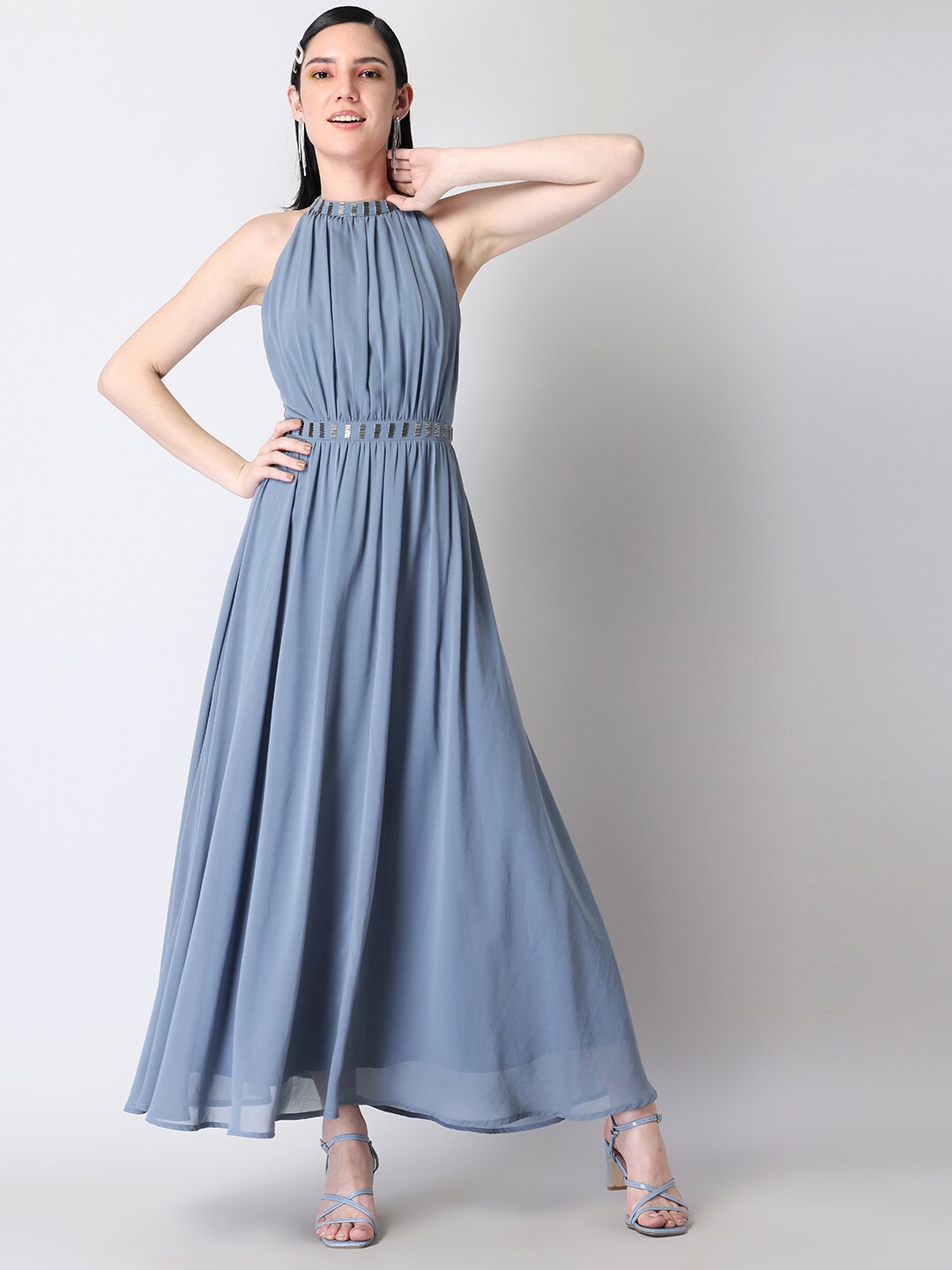 

FabAlley Blue Halter Neck Embellished Georgette Maxi Dress