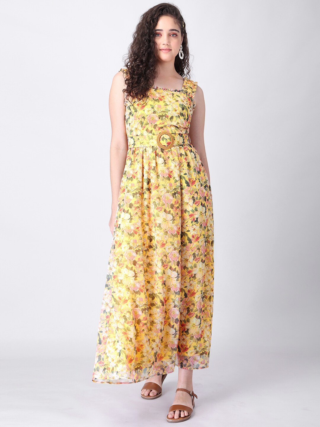 

FabAlley Women Yellow & Pink Floral Strappy Belted Georgette Maxi Dress