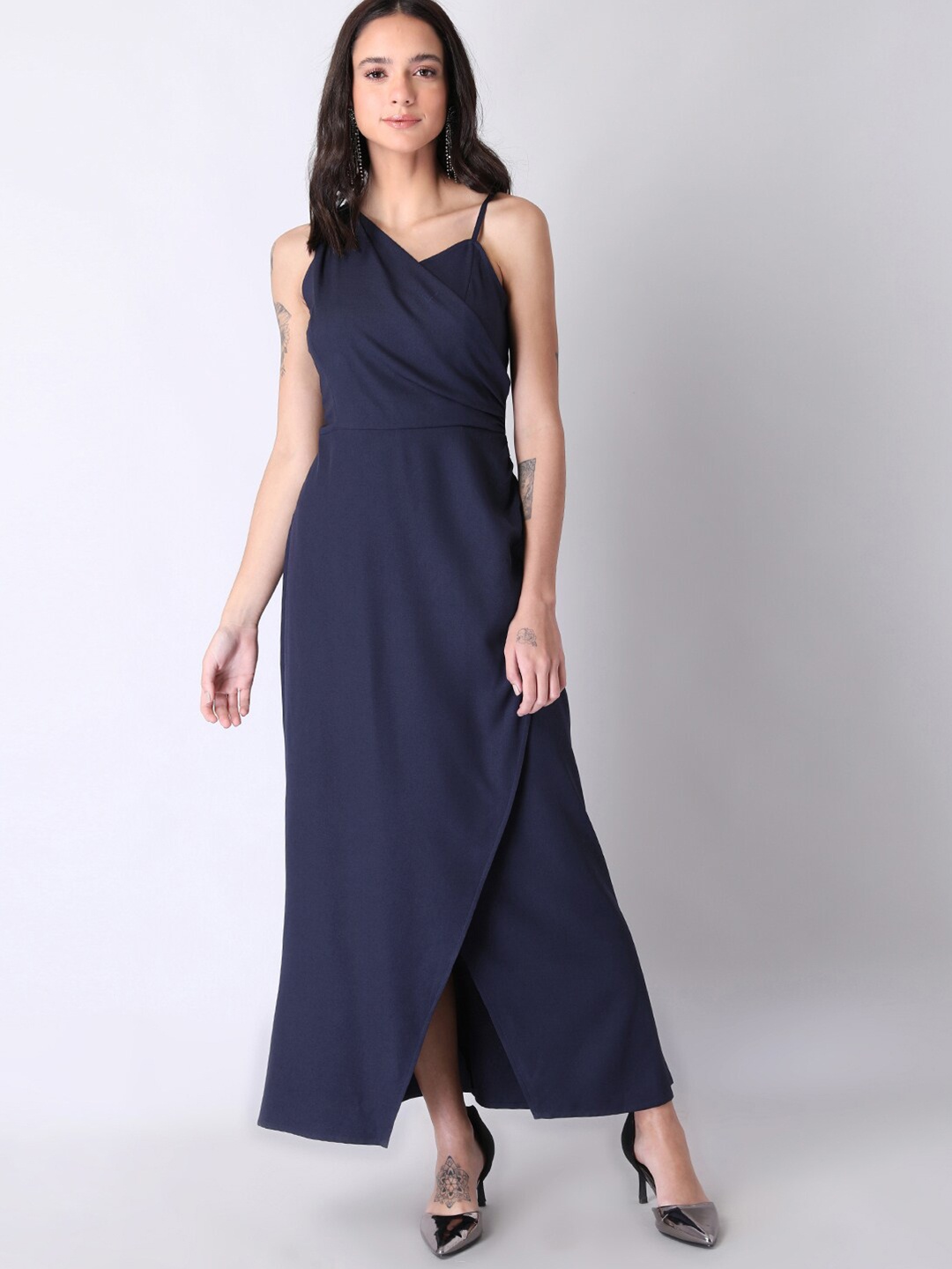 

FabAlley Women Blue One Shoulder Crepe Wrap Maxi Dress