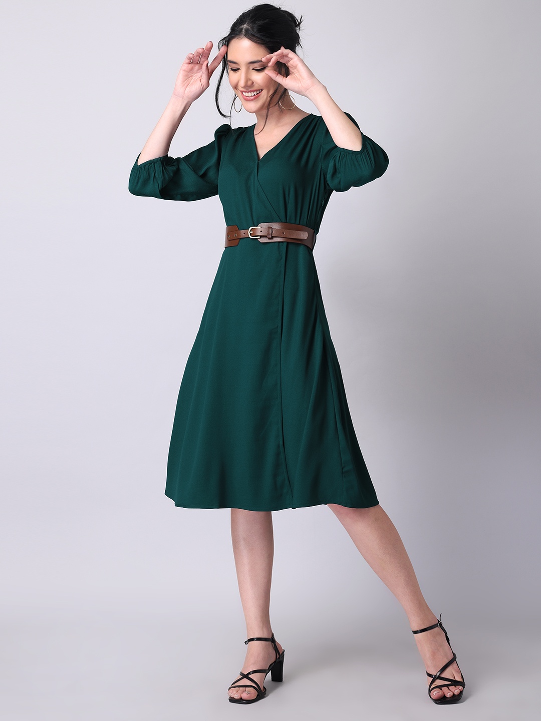 

FabAlley Women Bottle Green Puff Sleeve Wrap Crepe Dress With Belt