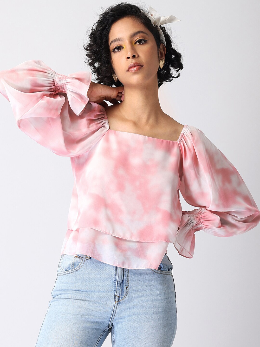 

FabAlley Pink Tie and Dye Smocked Sleeve Layered Top