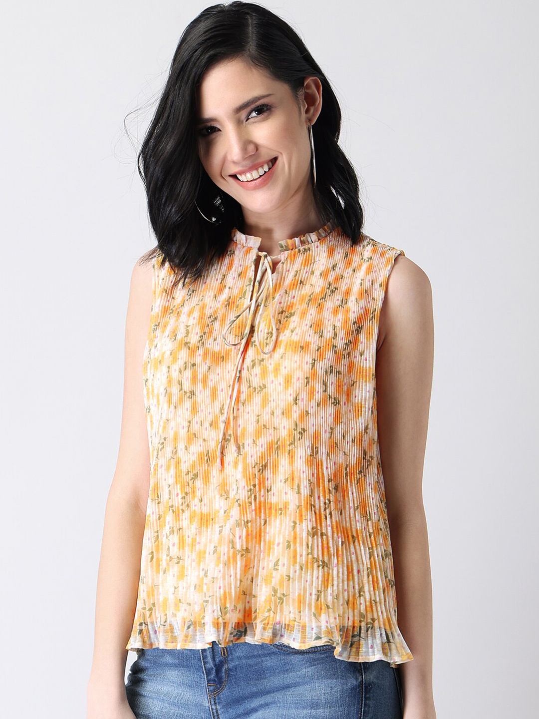 

FabAlley Yellow & White Floral Print Tie-Up Neck Pleated Georgette Top