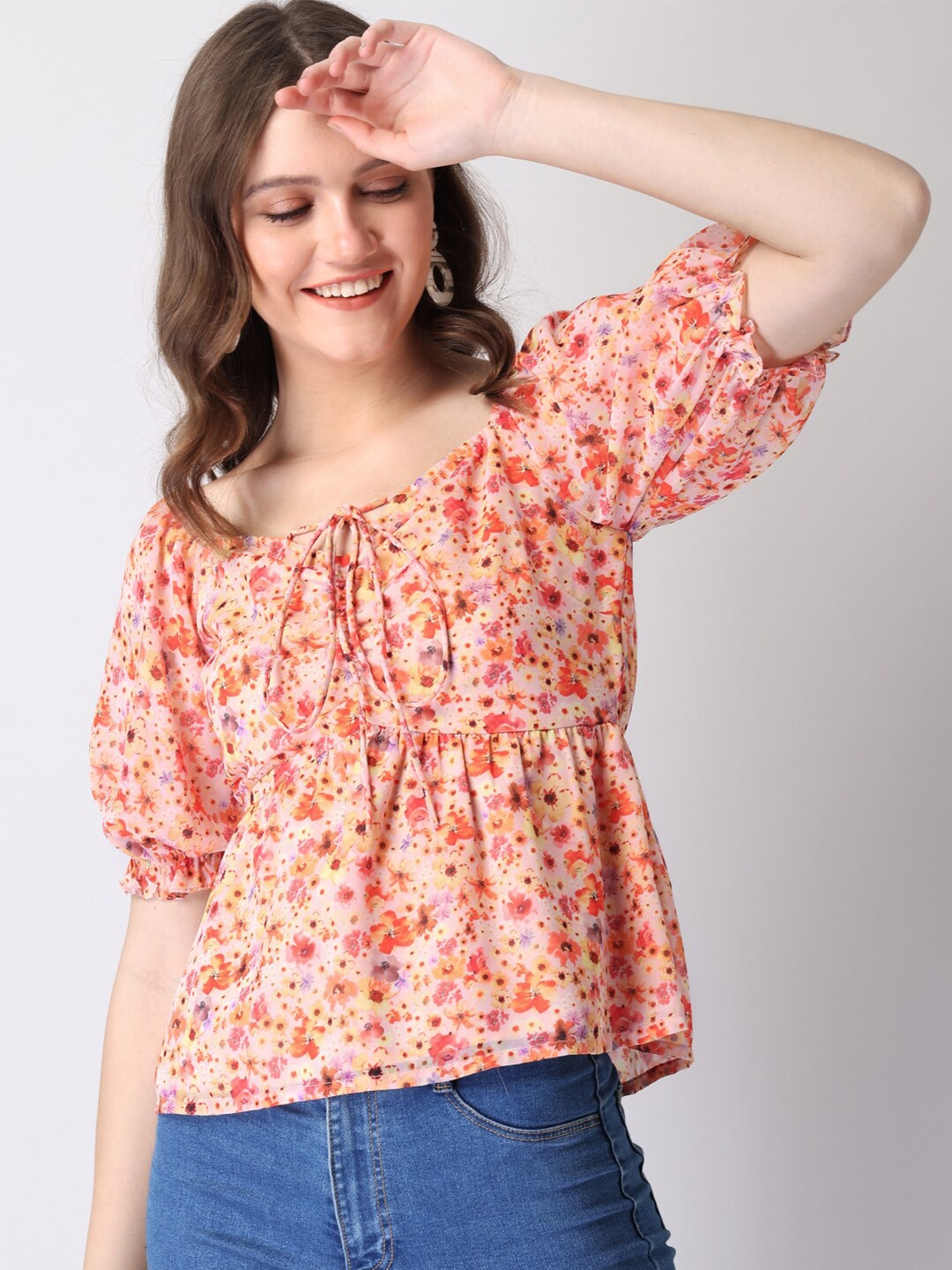

FabAlley Women Peach Floral Printed Tie-Up Neck Georgette Cinched Waist Top