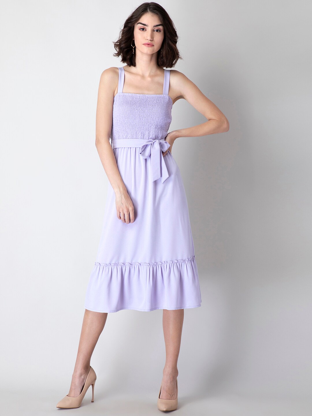 

FabAlley Lavender Strappy Smocked Belted Midi Dress