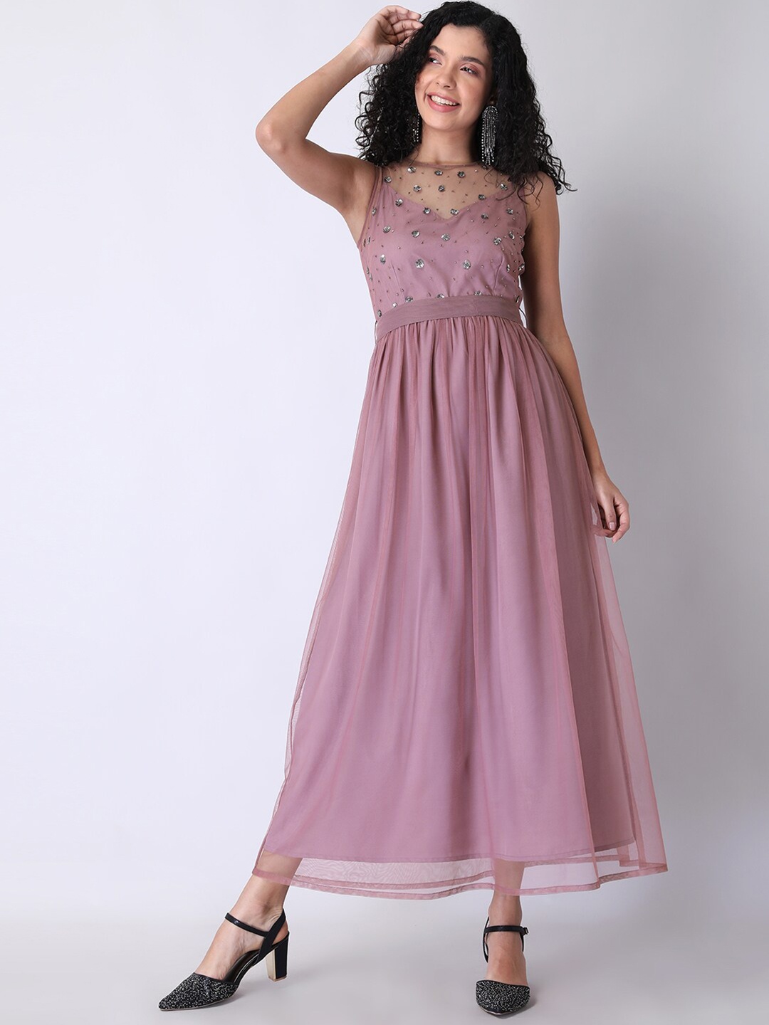 

FabAlley Women Purple Embellished Belted Mesh Maxi Dress
