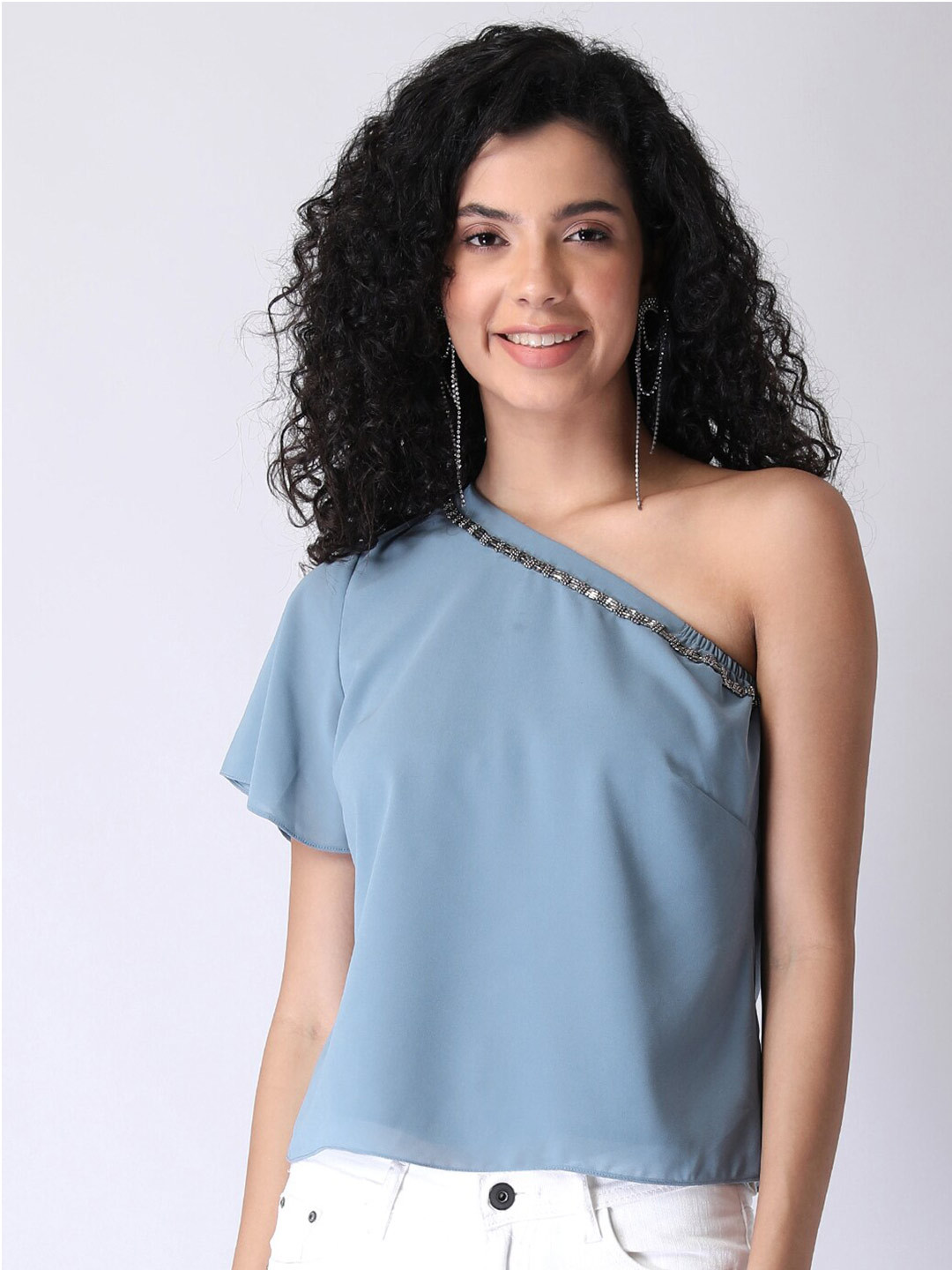 

FabAlley Women Blue Embellished One Shoulder Georgette Top