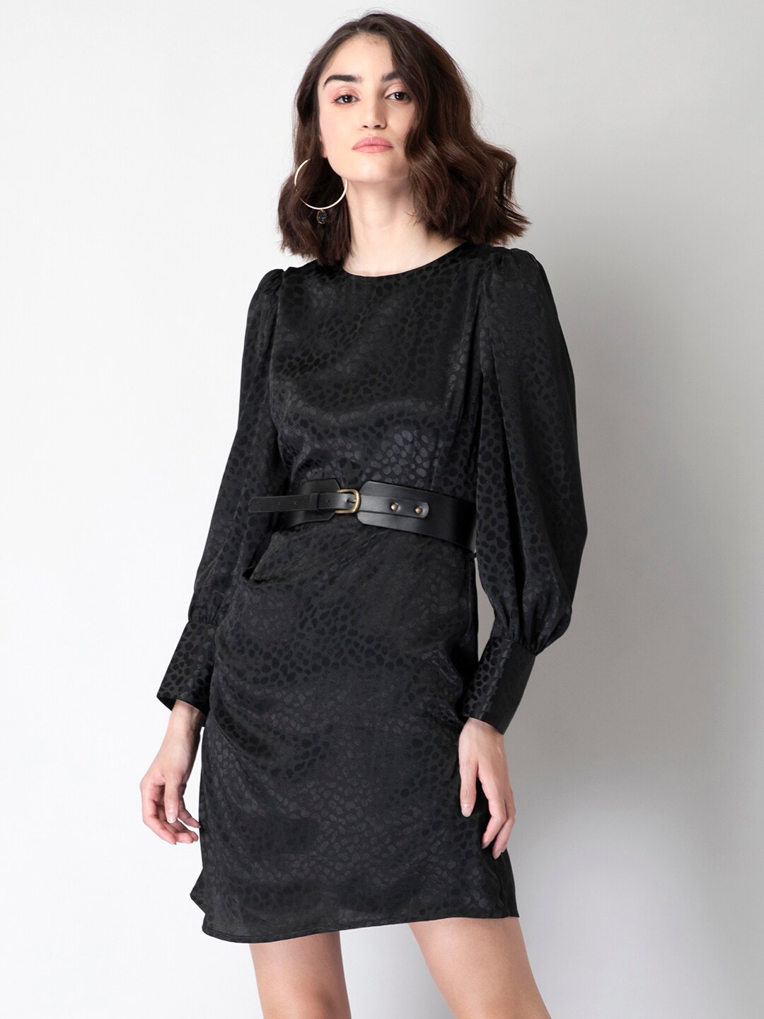 

FabAlley Women Black Satin Textured Sheath Dress