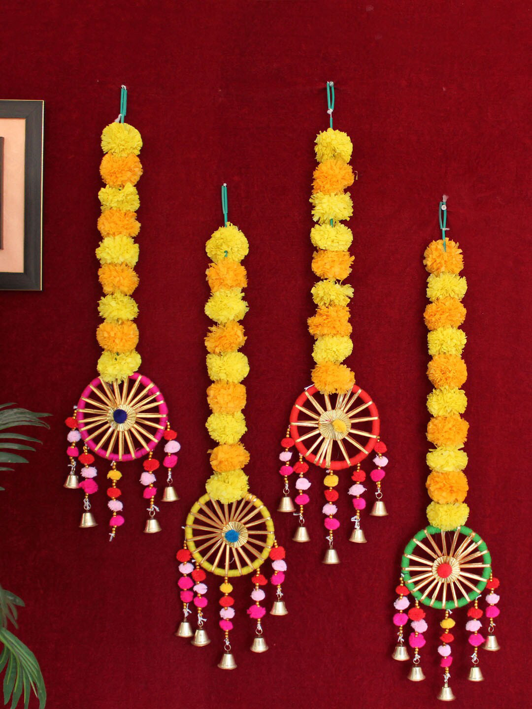 

TIED RIBBONS Set Of 4 Artificial Marigold Flowers Hanging Garland Torans With Bells, Yellow