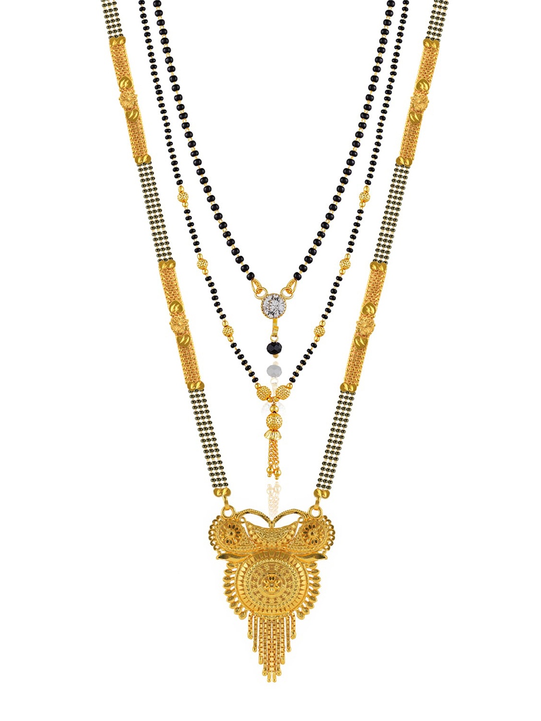 

Brandsoon Set Of 3 Gold-Plated White Stone-Studded & Black Beaded Mangalsutra