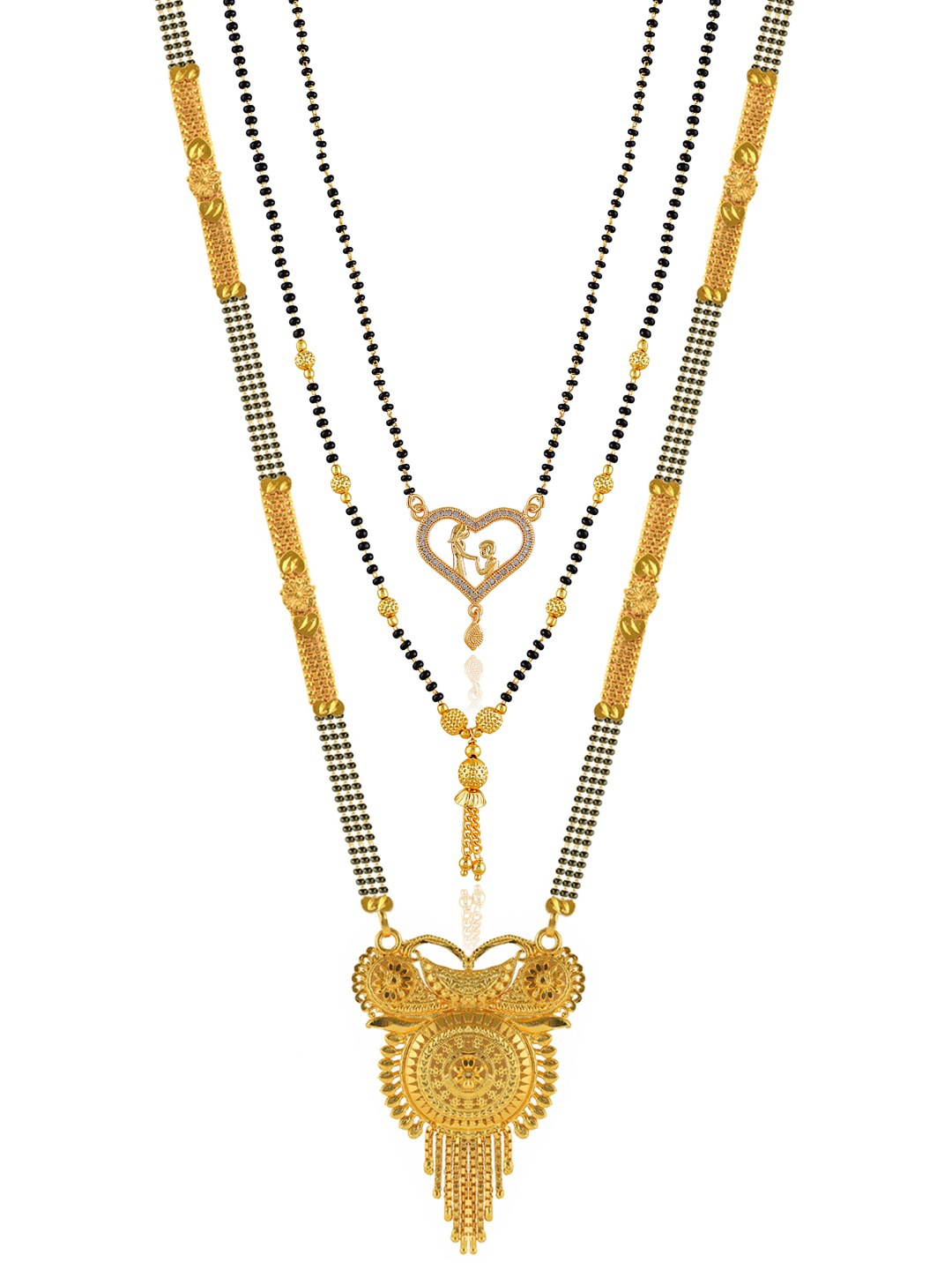 

Brandsoon Set Of 3 Gold-Plated White Stone-Studded & Black Beaded Mangalsutra