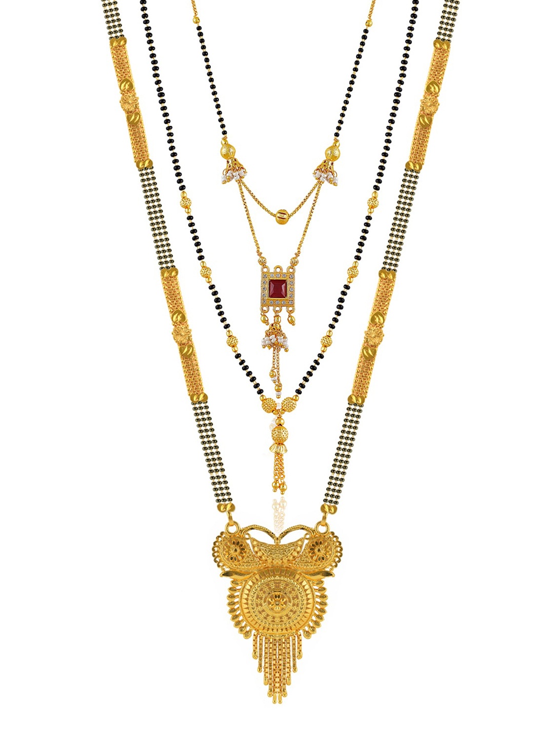 Brandsoon Set Of 3 Gold-Plated Black & White Beaded Mangalsutra
