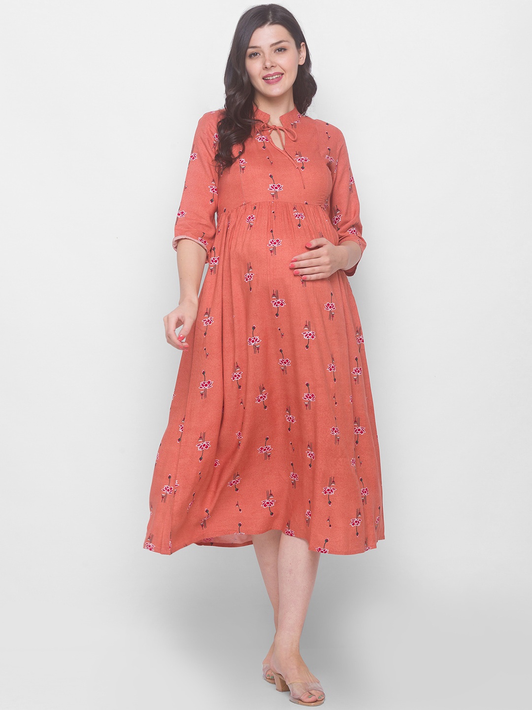 

AV2 Rust Floral Tie-Up Neck Maternity Midi Dress
