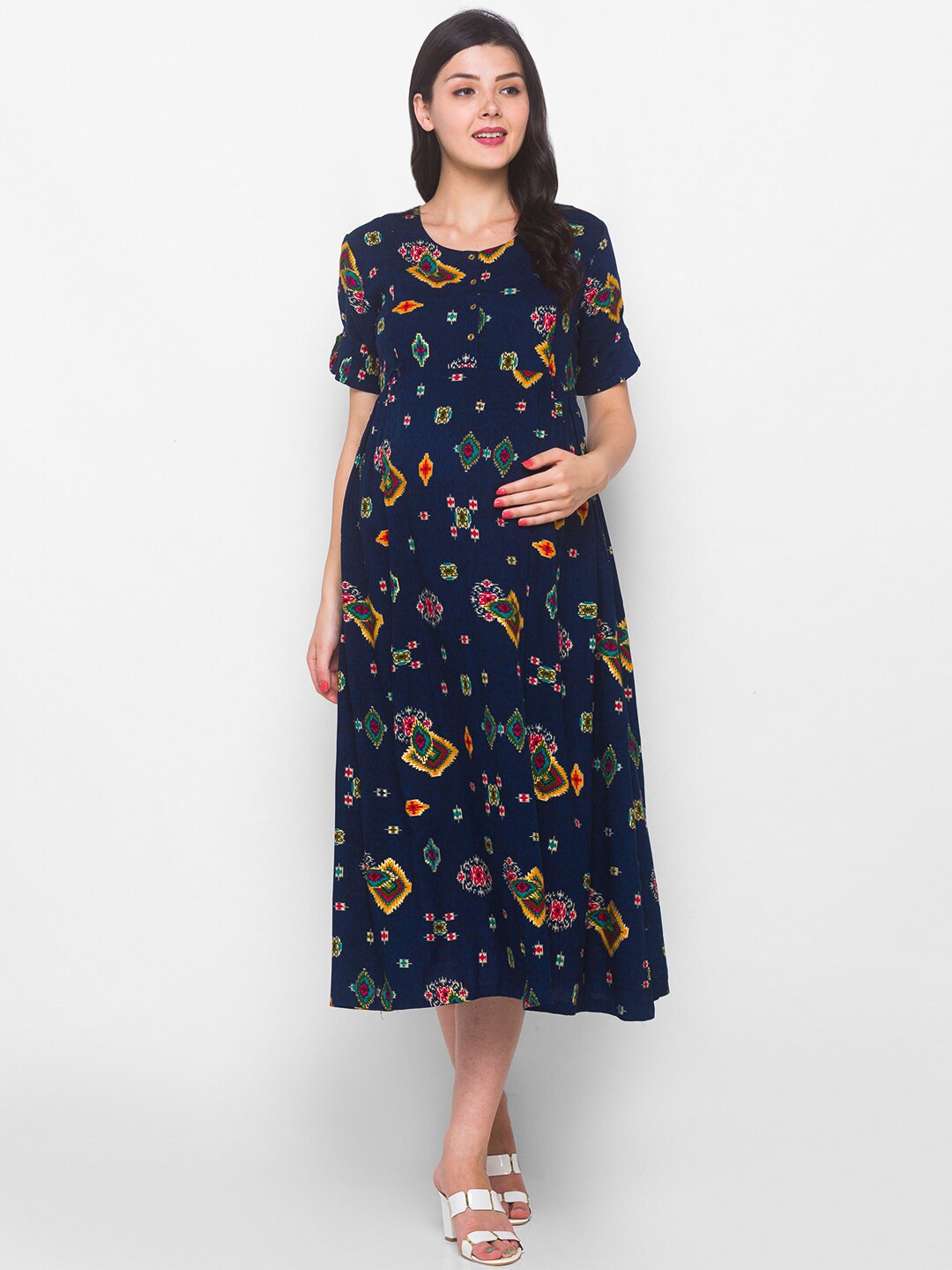 

AV2 Navy Blue Ethnic Motifs Maternity Midi Dress