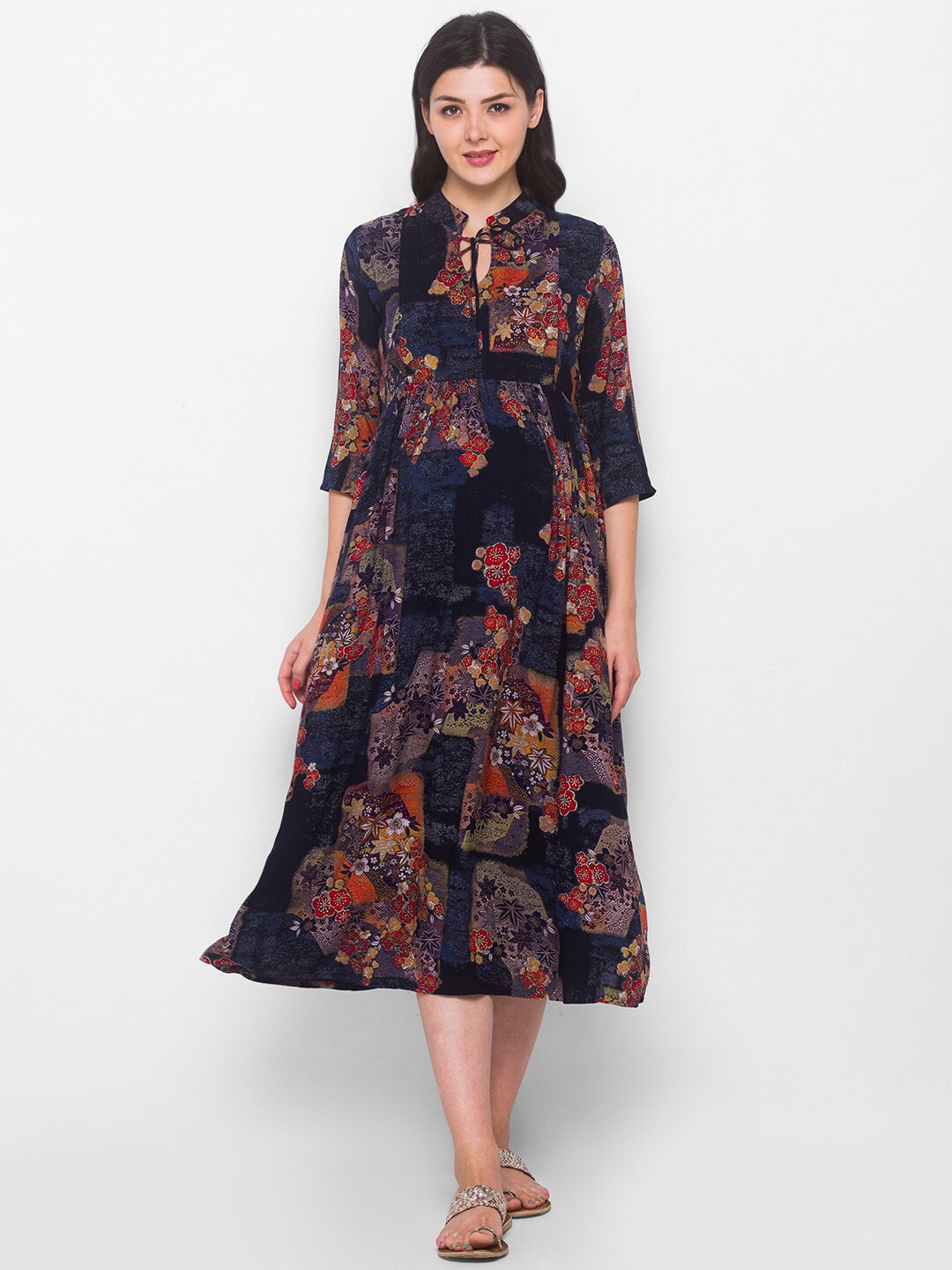 

AV2 Navy Blue & Red Floral Tie-Up Neck Maternity A-Line Midi Dress