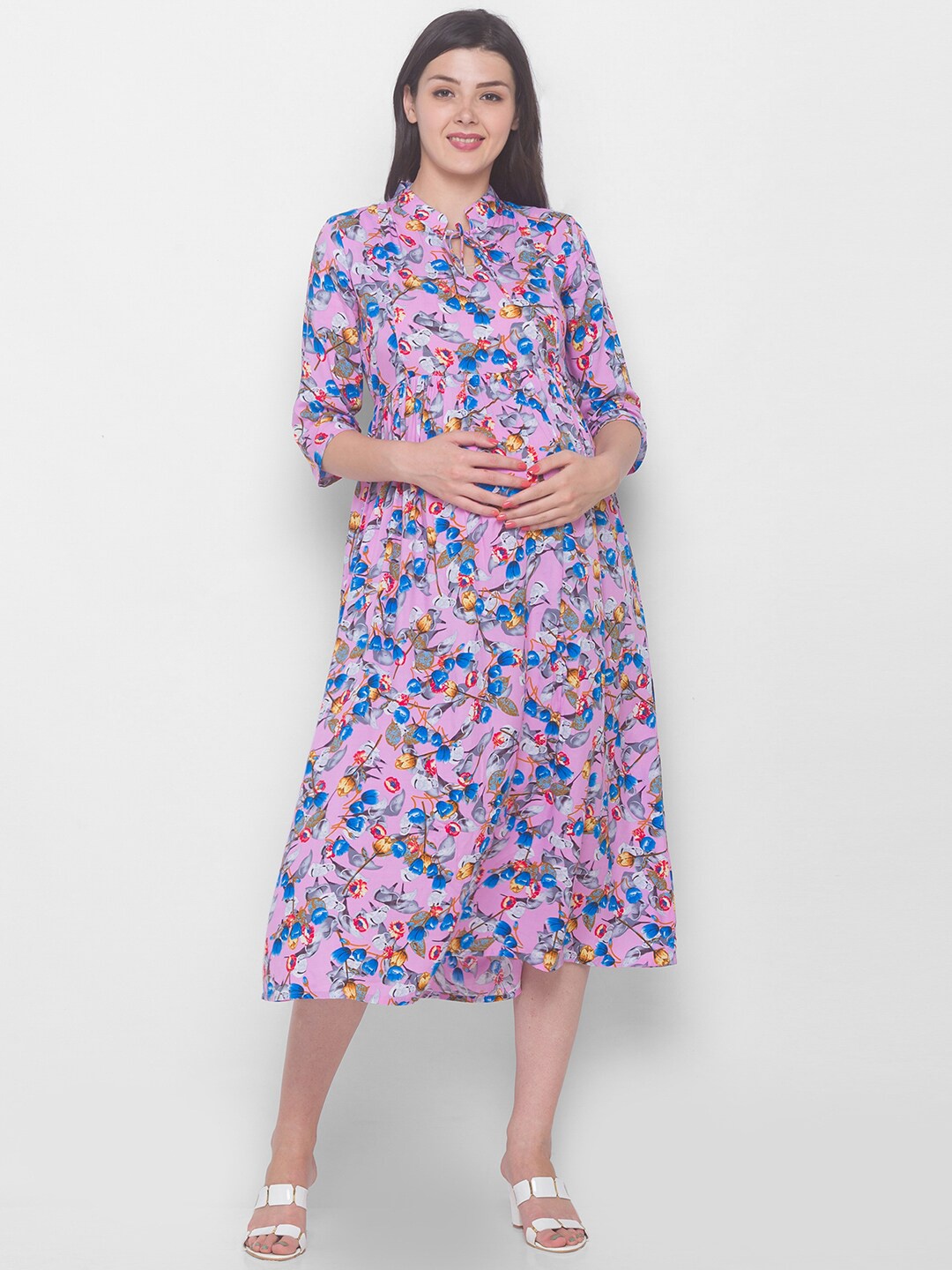 

AV2 Pink & Blue Floral Maternity A-line Midi Dress