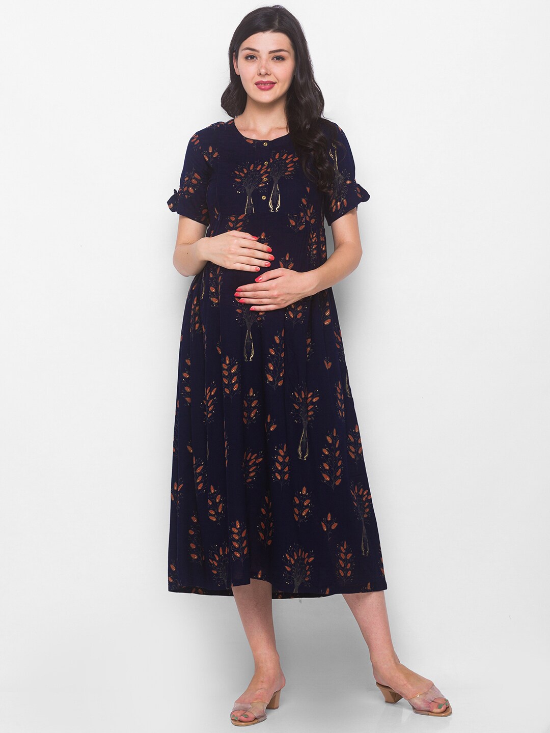 

AV2 Navy Blue & Coral Floral Maternity A-Line Midi Dress