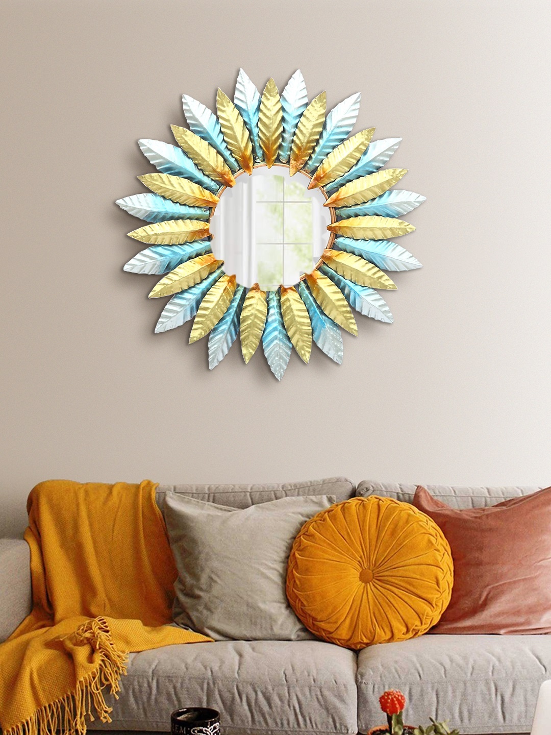 

Aapno Rajasthan Gold-Toned & Blue Round Leaf Wall Mirror