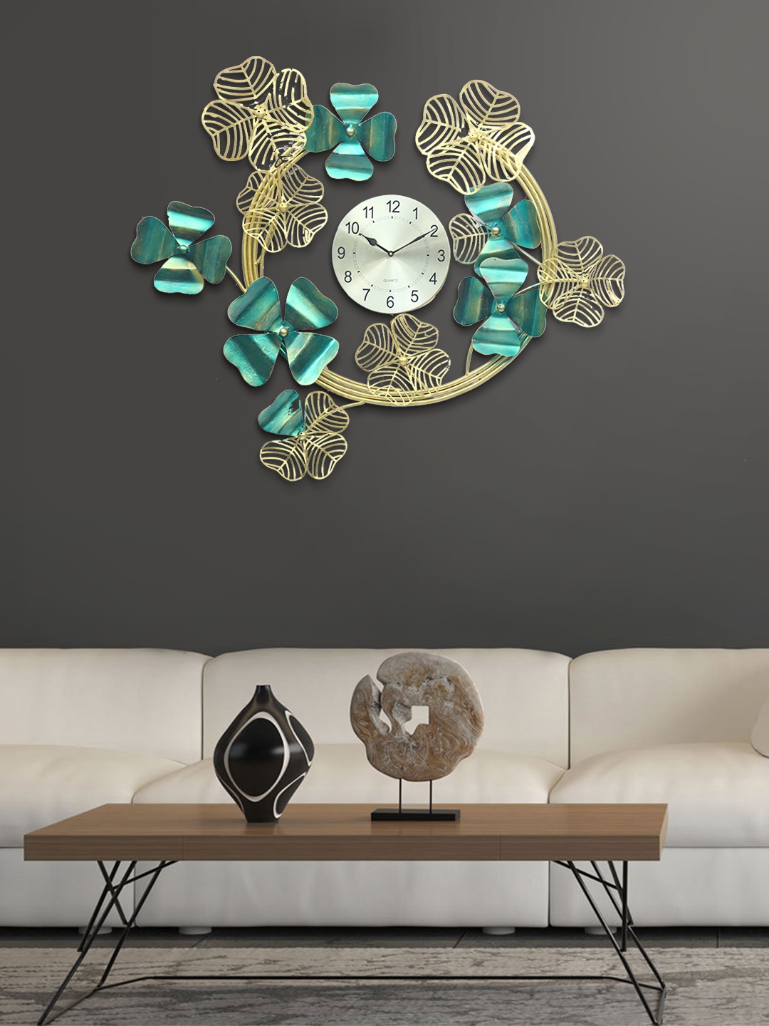 

Aapno Rajasthan Gold-Toned & Green Leaf Art Wall Clock