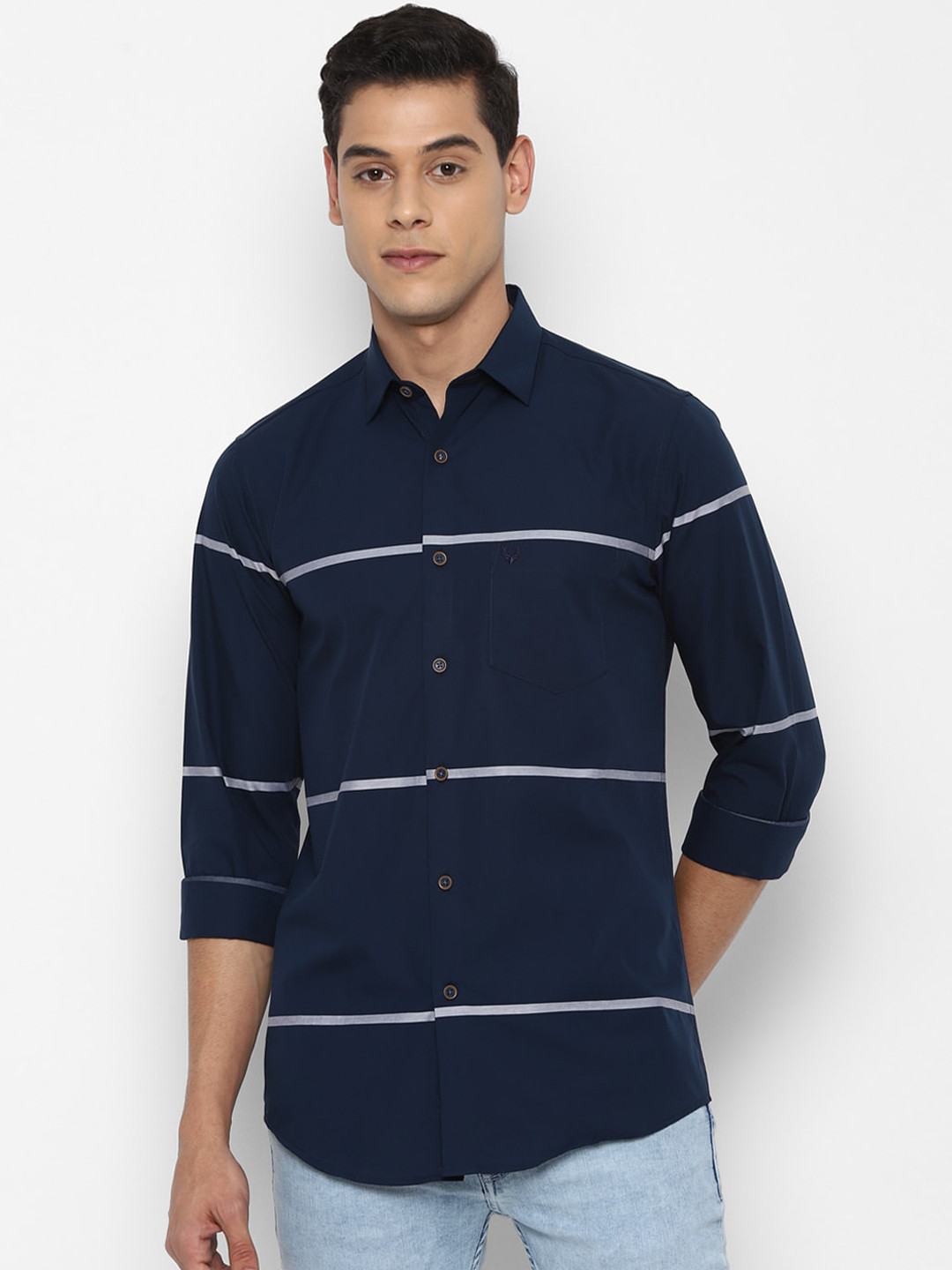 

Allen Solly Men Navy Blue Slim Fit Horizontal Stripes Striped Pure Cotton Casual Shirt