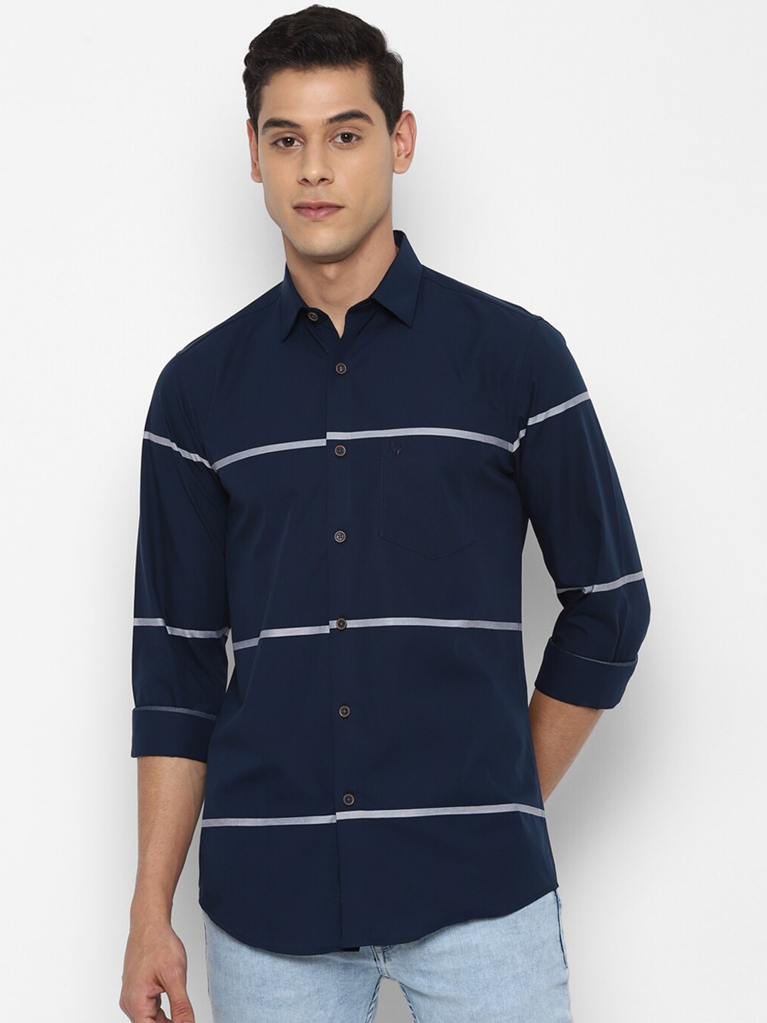 

Allen Solly Men Navy Blue Slim Fit Striped Pure Cotton Casual Shirt