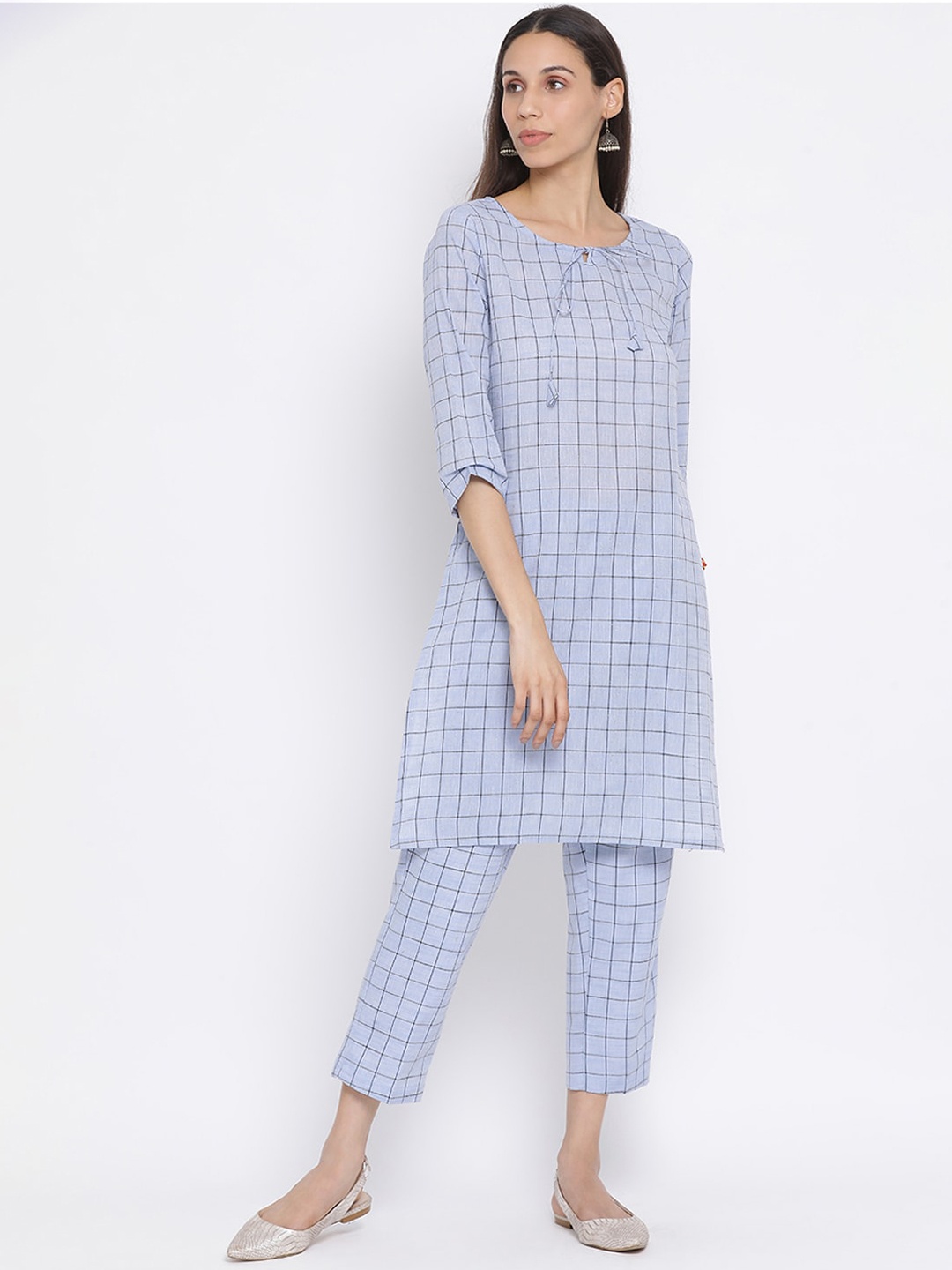 

Span Women Blue Pure Cotton Checked Kurta with Trousers