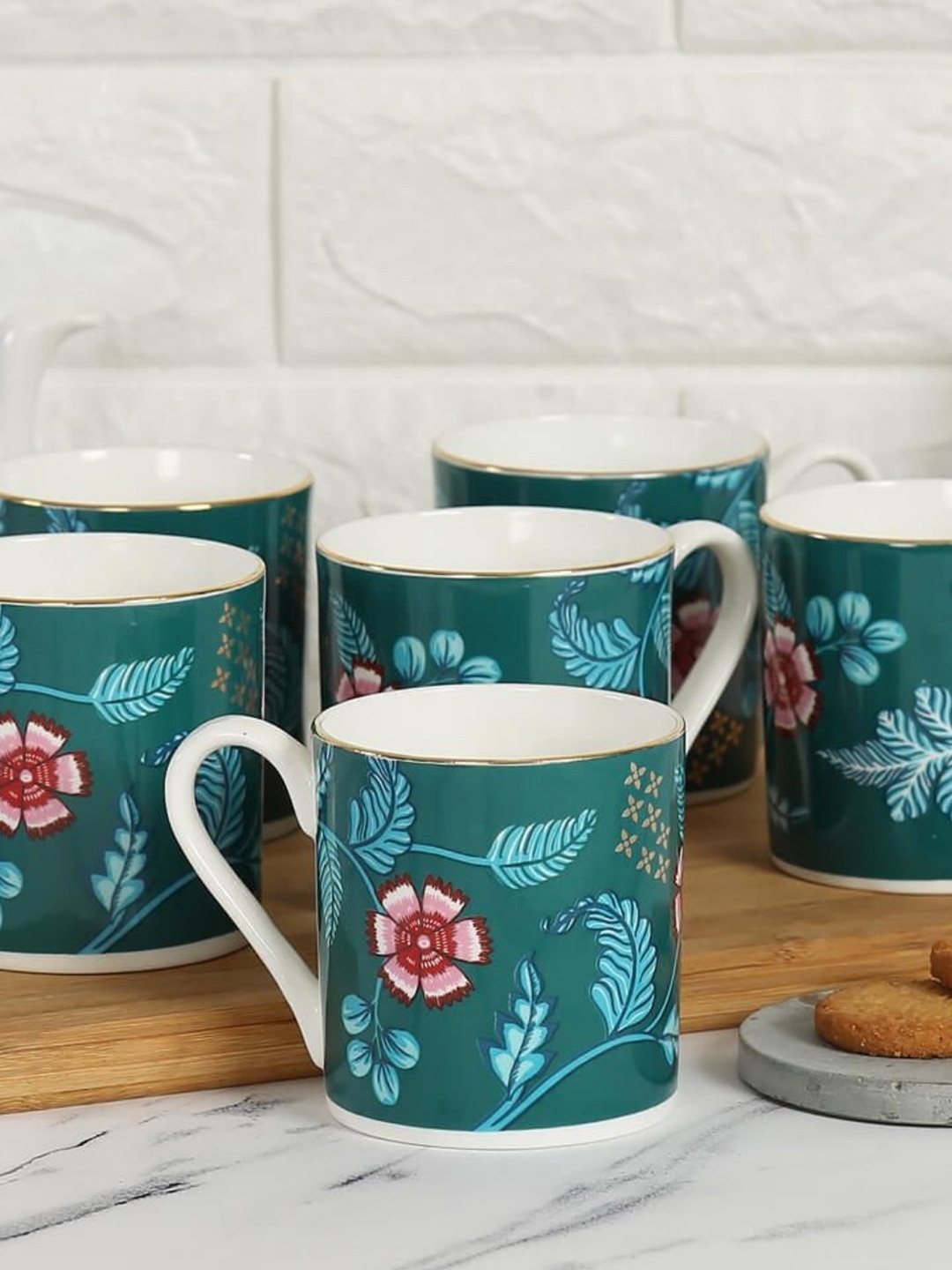 

India Circus Blue & Green Floral Printed Set of 6 Ceramic Glossy Cups