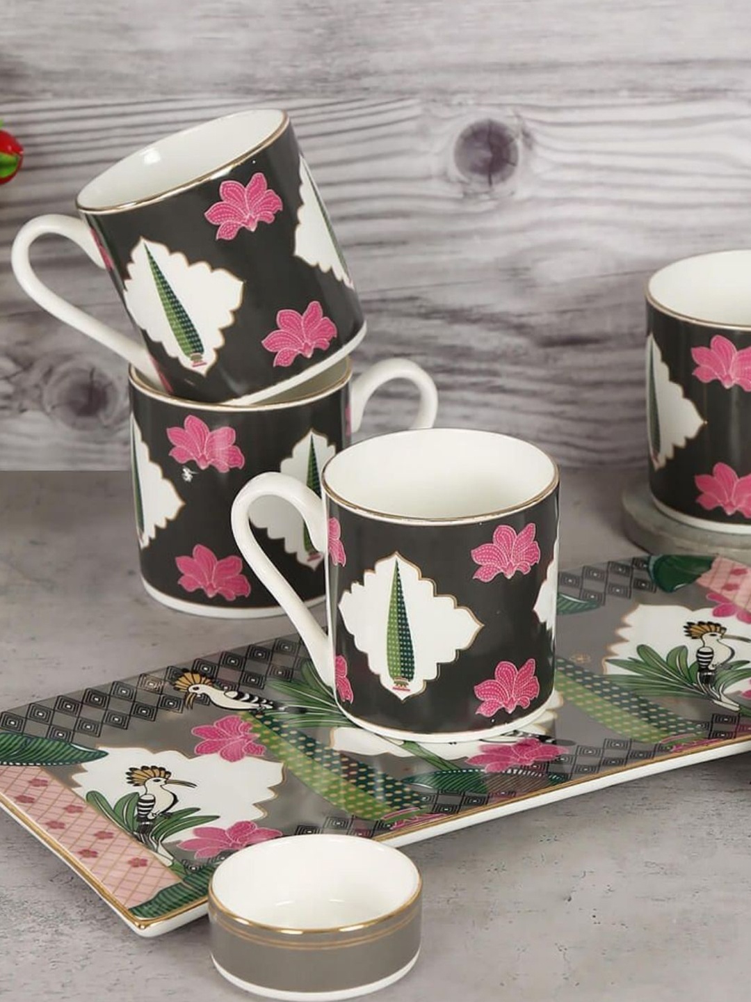 

India Circus Black & Pink Floral Printed Set of 7 Ceramic Glossy Mug and Bowl