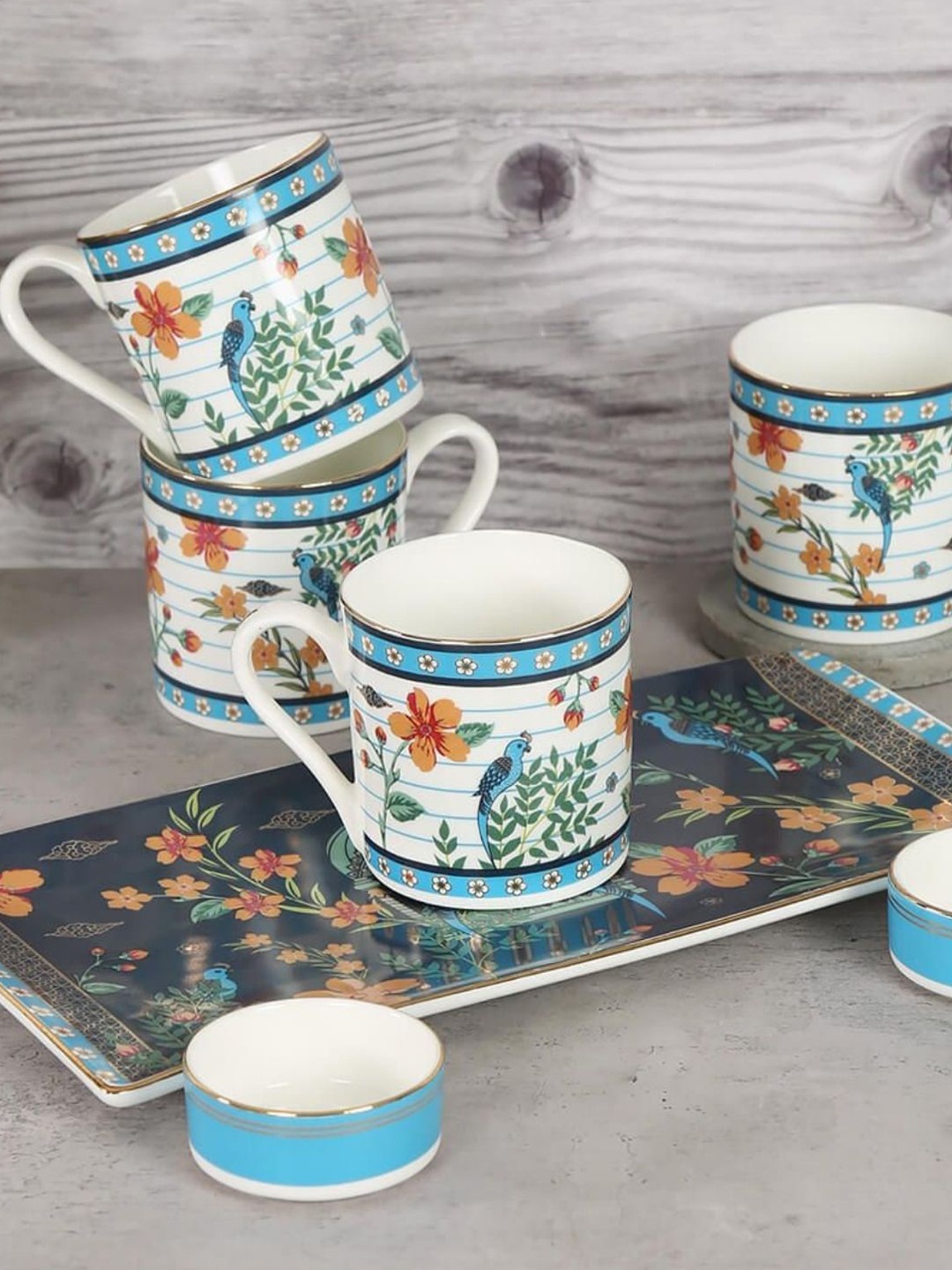 

India Circus Blue & Orange Floral Printed Set of 7 Ceramic Glossy Mug, Tray and Bowl