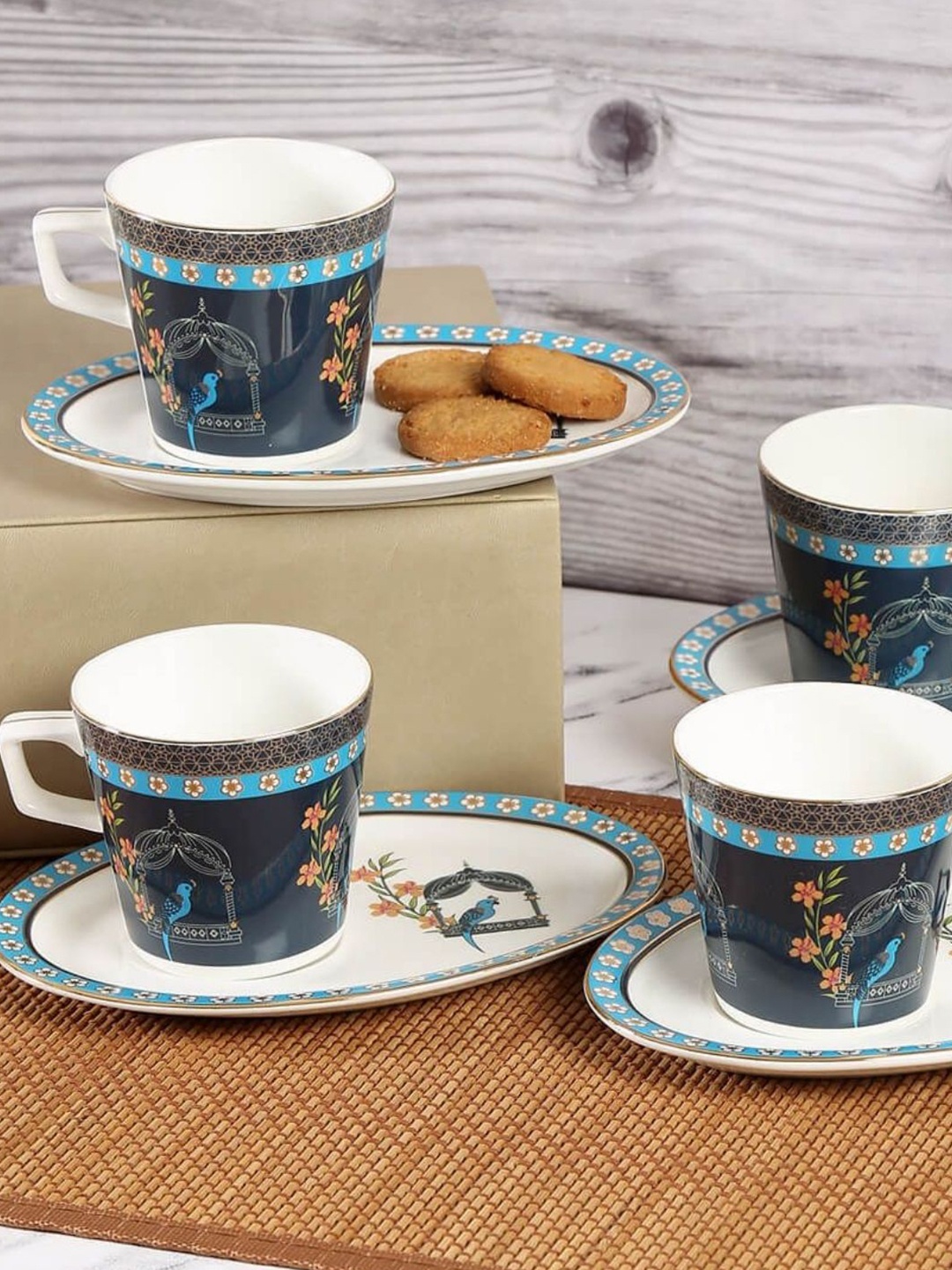 

India Circus Multi-Coloured Set of 8 Ceramic Dishwasher Safe Cups and Saucers