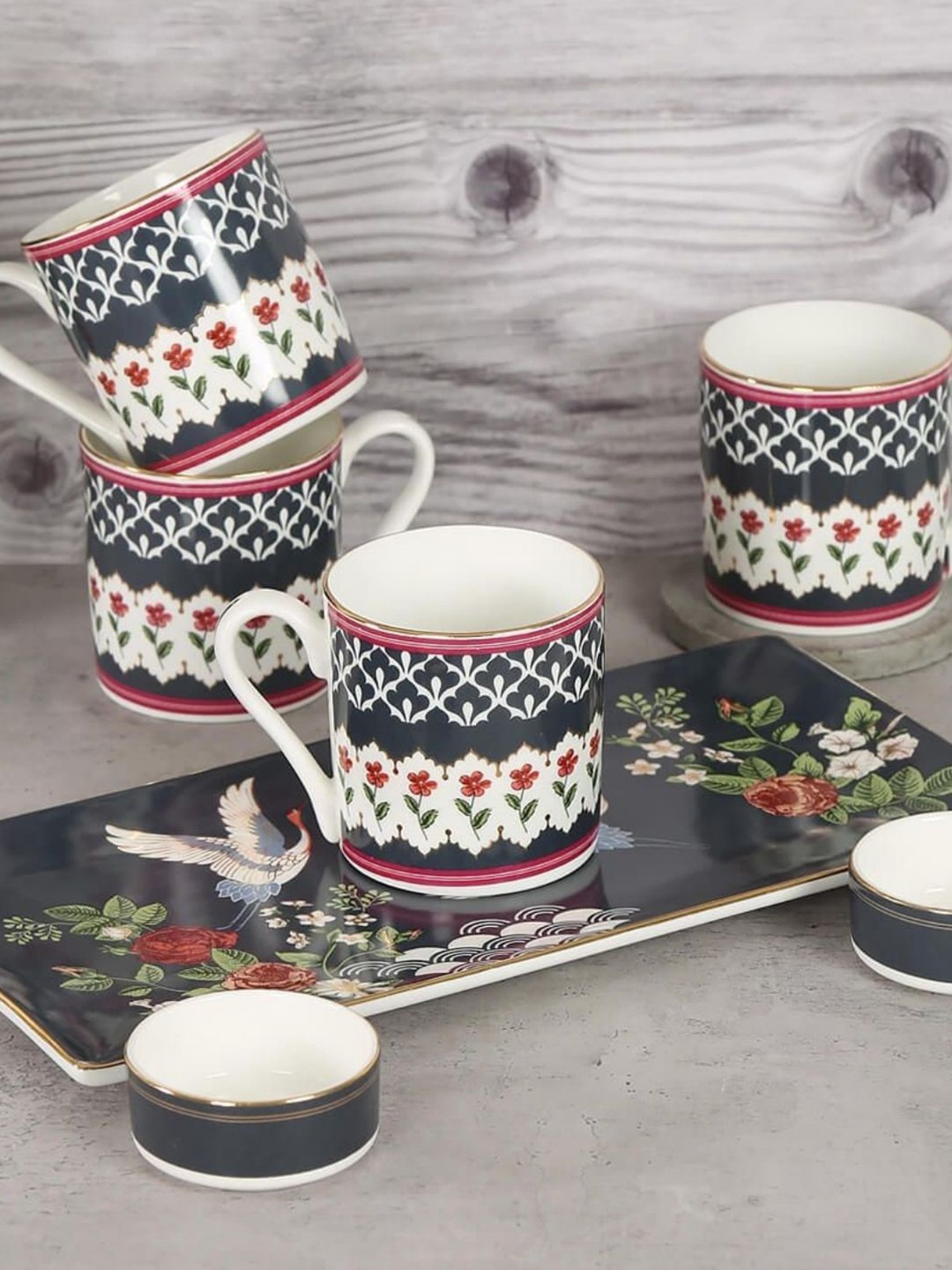 

India Circus Black & Green Floral Printed Set of 7 Ceramic Glossy Mug and Bowl