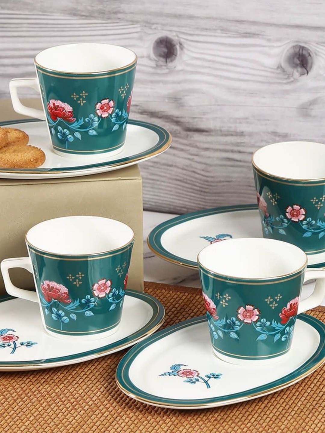 

India Circus Blue & Green Floral Printed Set of 8 Ceramic Glossy Cups and Saucers