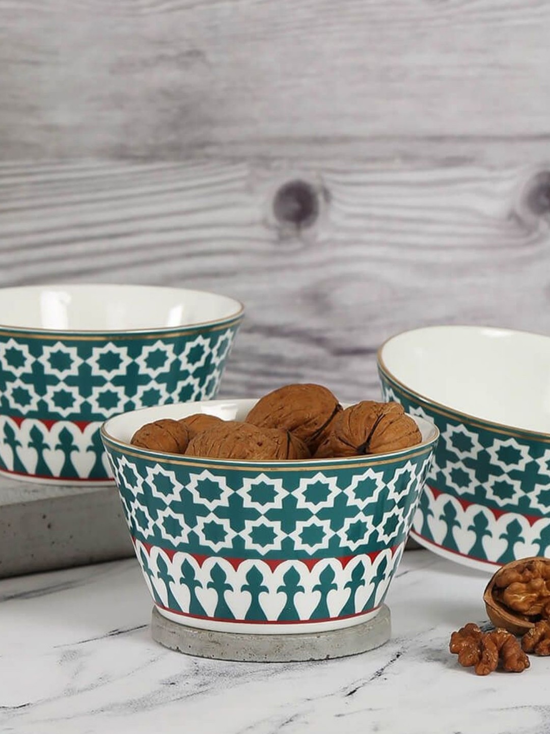 

India Circus Multicoloured & Green 3 Pieces Floral Printed Ceramic Glossy Bowls, Multi