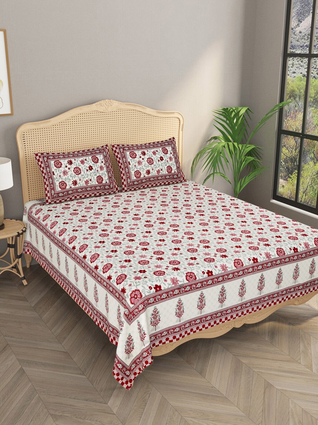 

Gulaab Jaipur Cream-Coloured & Red Floral Cotton 600 TC King Bedsheet with 2 Pillow Covers