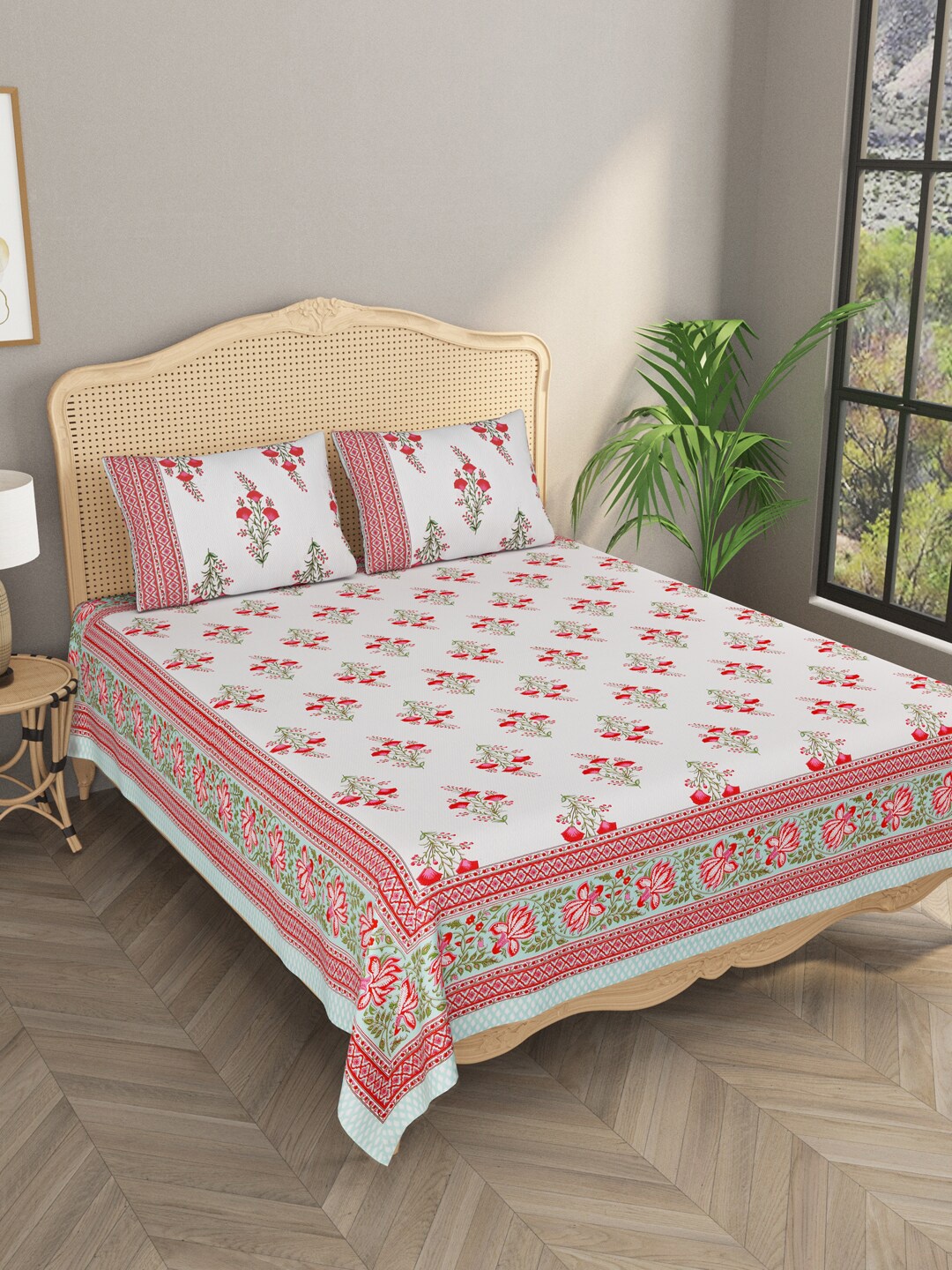 

Gulaab Jaipur White & Red Ethnic Motifs 600 TC King Bedsheet with 2 Pillow Covers