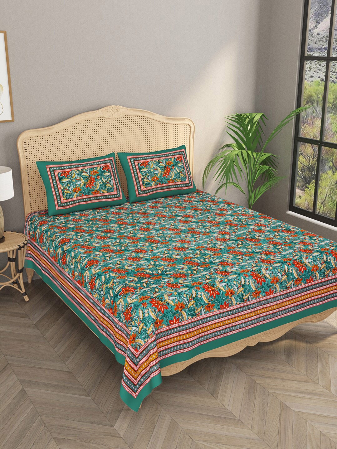 

Gulaab Jaipur Green & Red Floral 600 TC King Bedsheet with 2 Pillow Covers