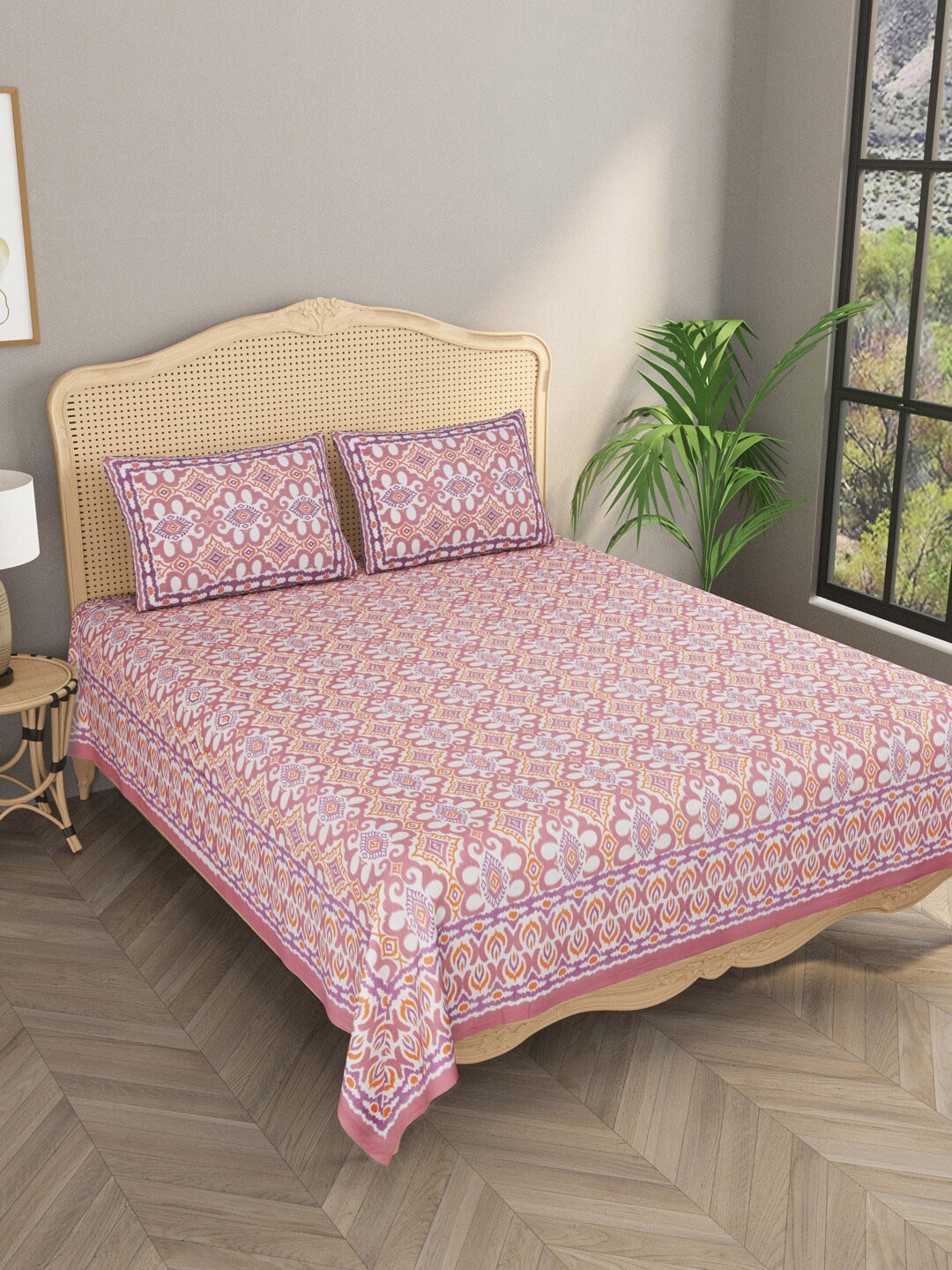 

Gulaab Jaipur Pink & White ikat printed 600 TC King Bedsheet with 2 Pillow Covers