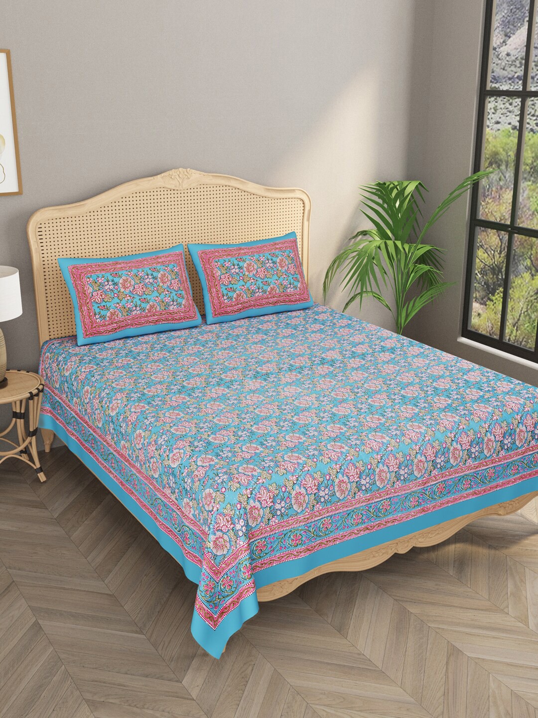

Gulaab Jaipur Blue & Pink Floral 600 TC King Bedsheet with 2 Pillow Covers