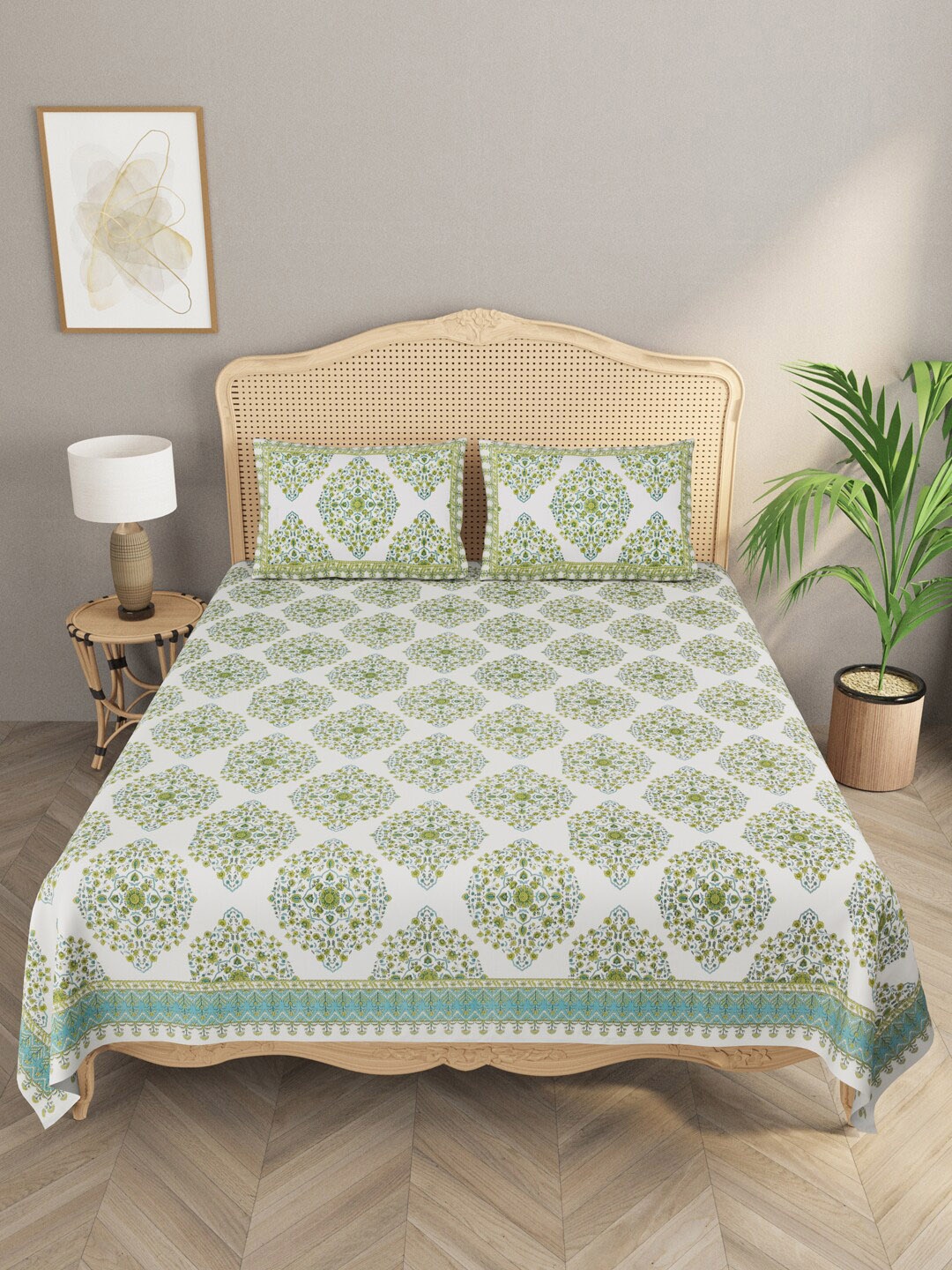 

Gulaab Jaipur Green Ethnic Motifs 600 TC 1 King Bedsheet with 2 Pillow Covers