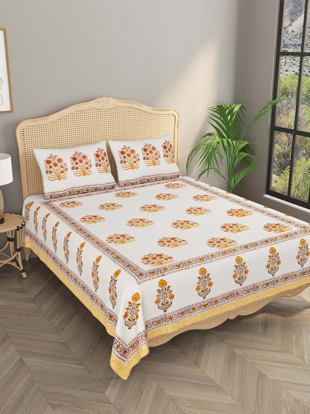 

Gulaab Jaipur Yellow & White Floral Handblock print 600 TC King Bedsheet with 2 Pillow Covers