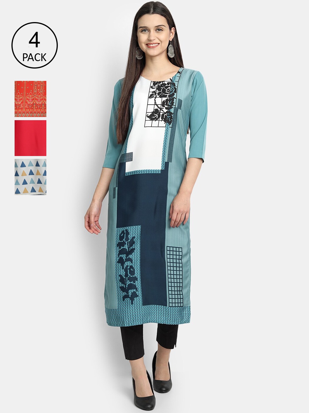 

7Threads Women Pack Of 4 Digital Print Straight Crepe Kurta, Multi