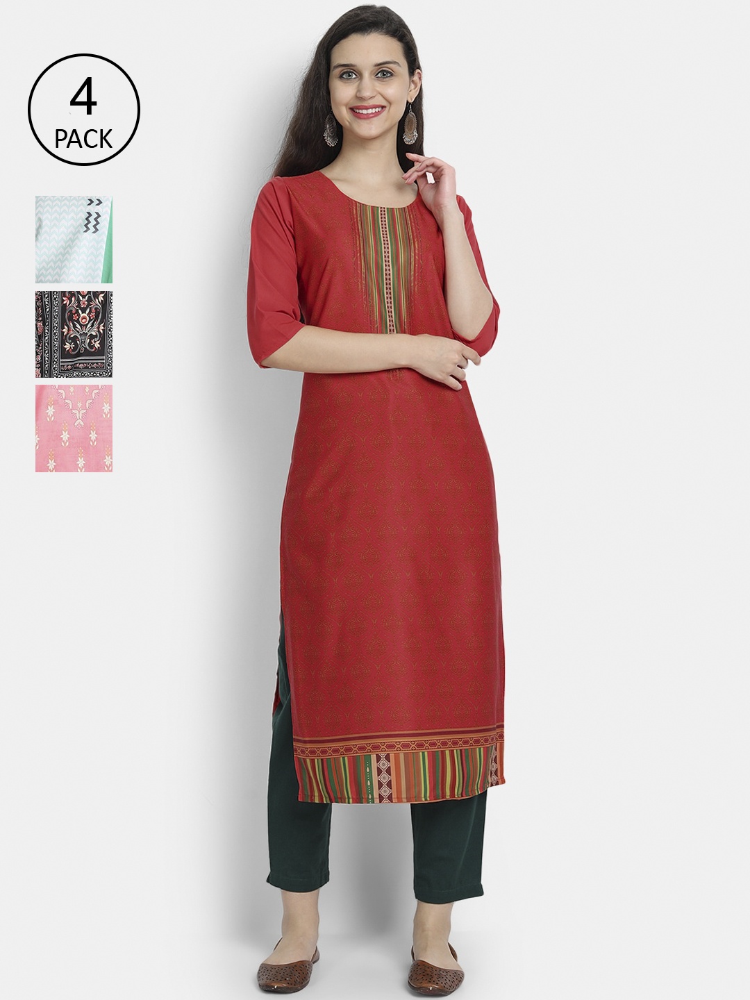 

7Threads Women Pack Of 4 Kurtas, Red